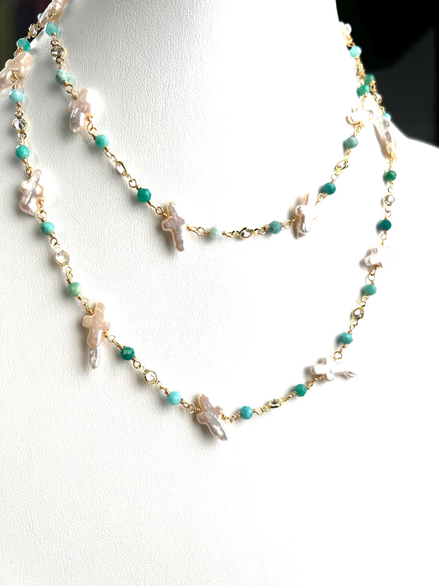 Natural Freshwater cross pearl blue opal CZ diamond handmade gold vermeil wire wraped necklace Very beautiful