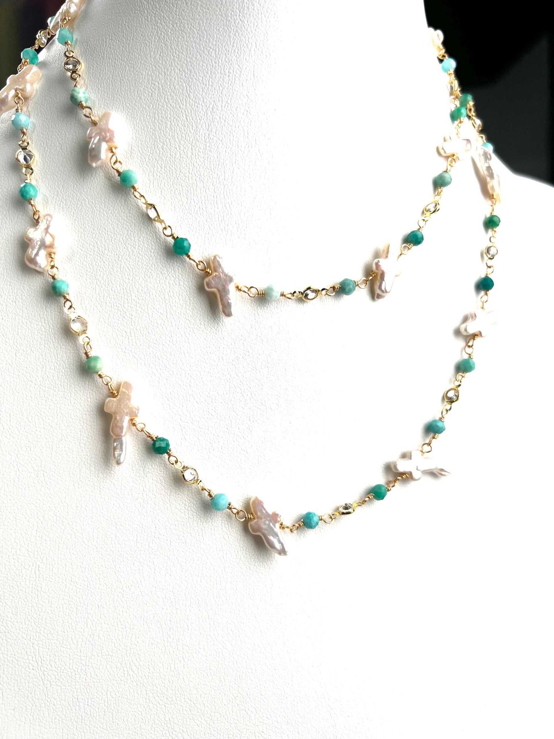 Natural Freshwater cross pearl blue opal CZ diamond handmade gold vermeil wire wraped necklace Very beautiful