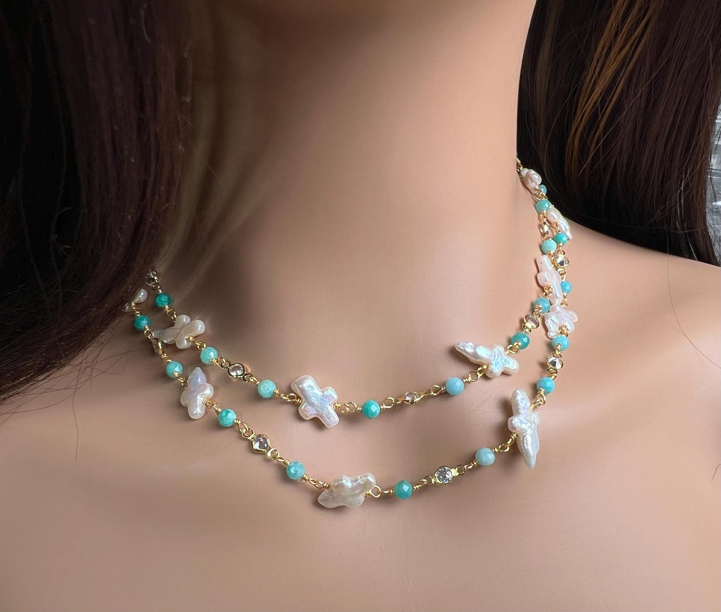 Natural Freshwater cross pearl blue opal CZ diamond handmade gold vermeil wire wraped necklace Very beautiful