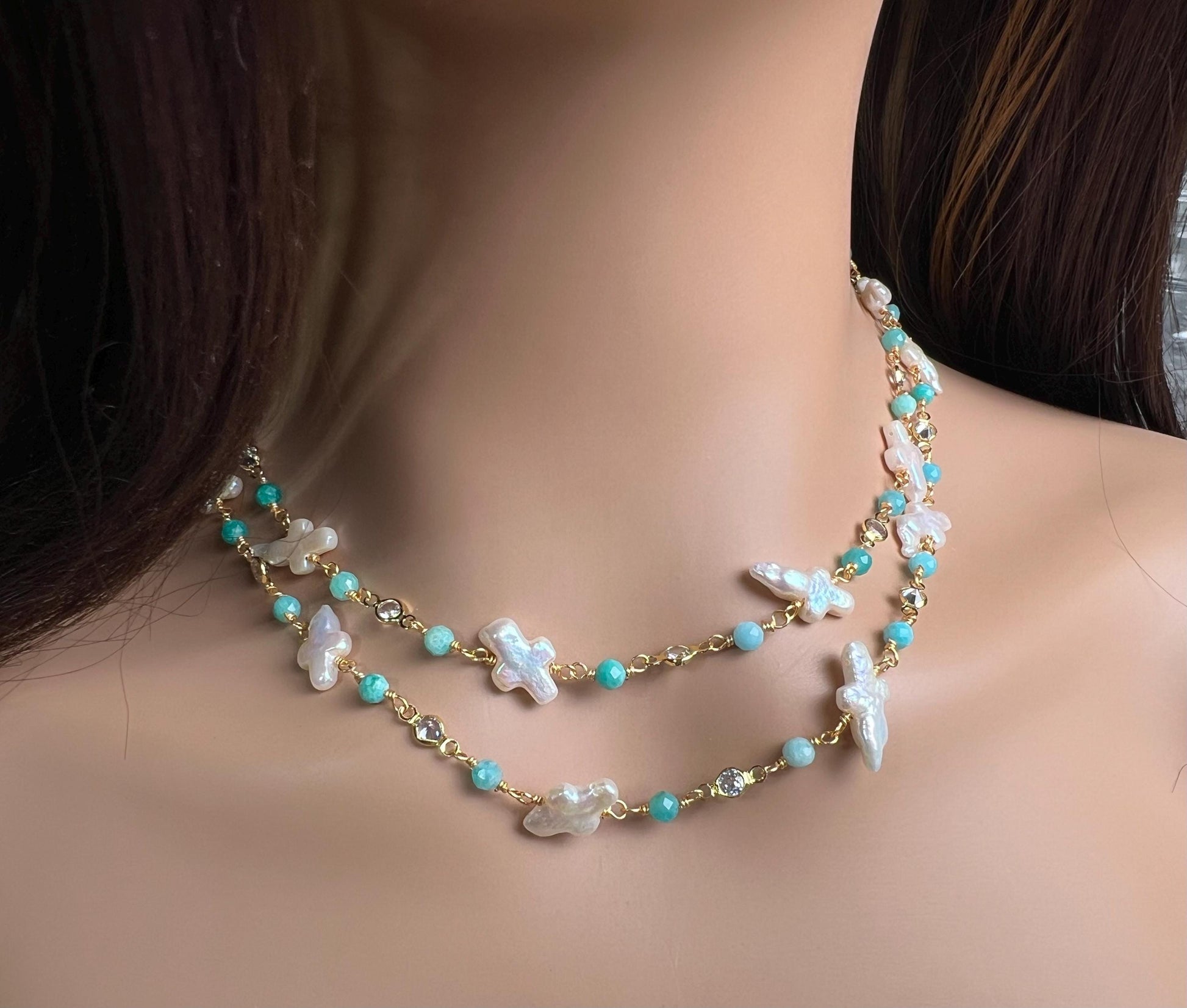 Natural Freshwater cross pearl blue opal CZ diamond handmade gold vermeil wire wraped necklace Very beautiful
