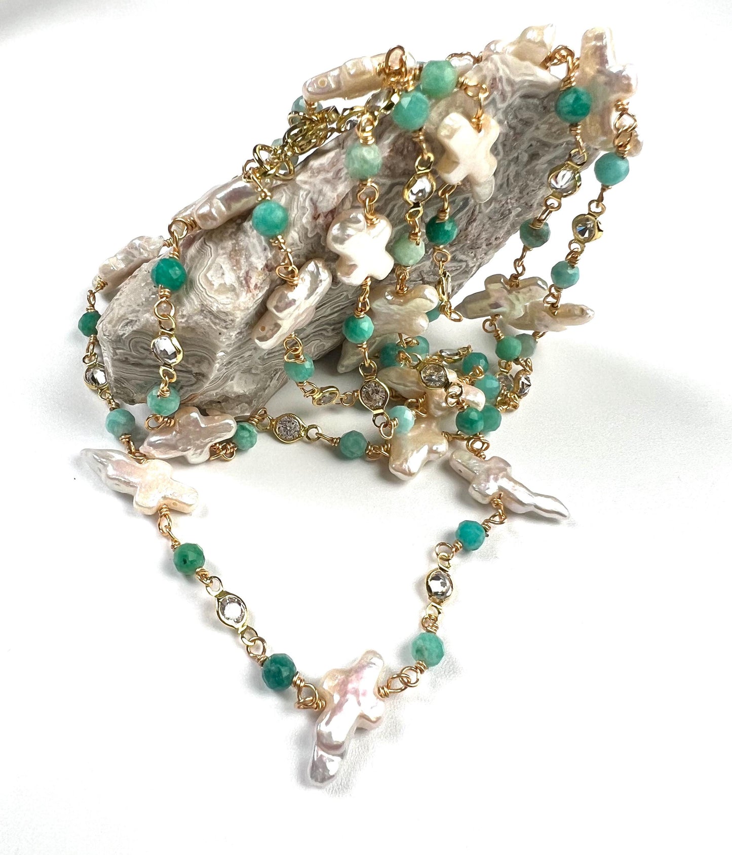 Natural Freshwater cross pearl blue opal CZ diamond handmade gold vermeil wire wraped necklace Very beautiful