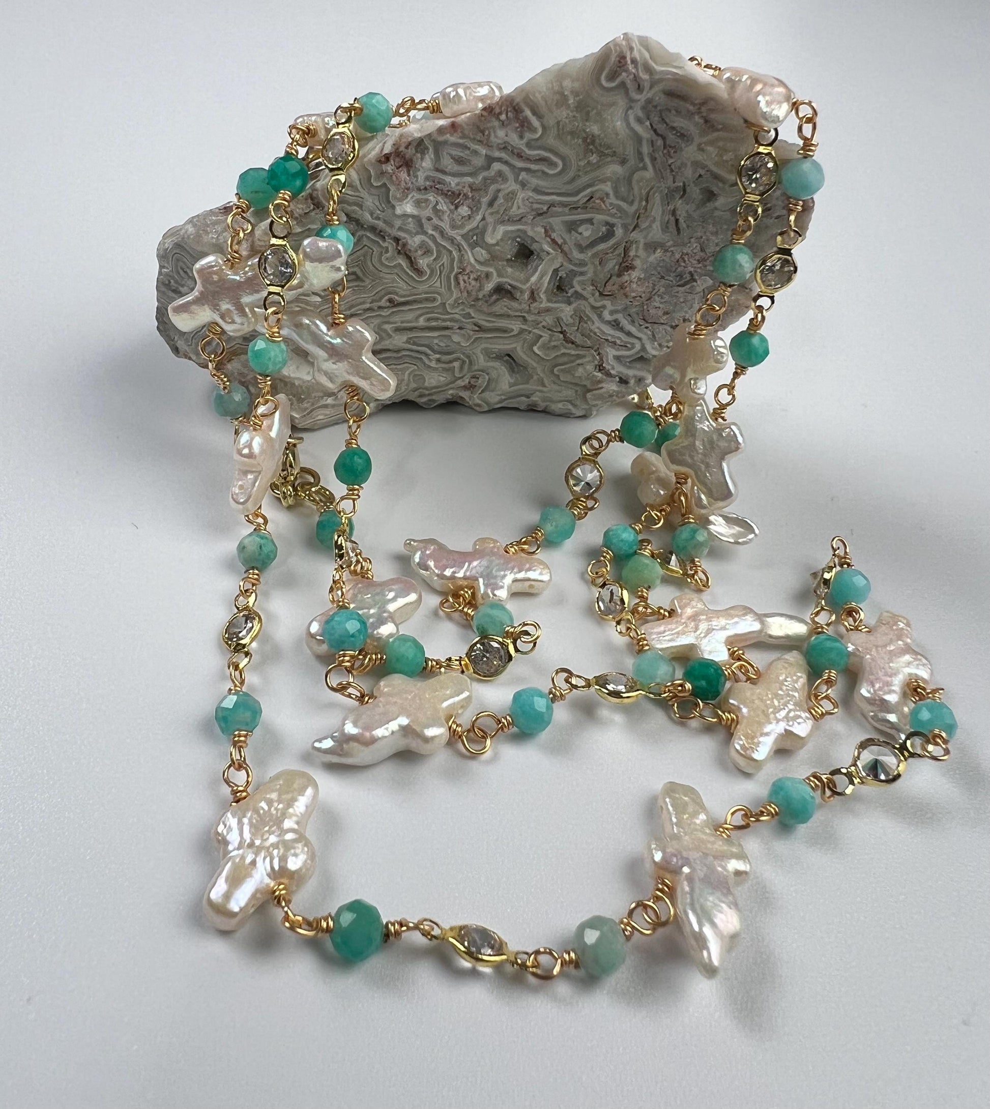 Natural Freshwater cross pearl blue opal CZ diamond handmade gold vermeil wire wraped necklace Very beautiful