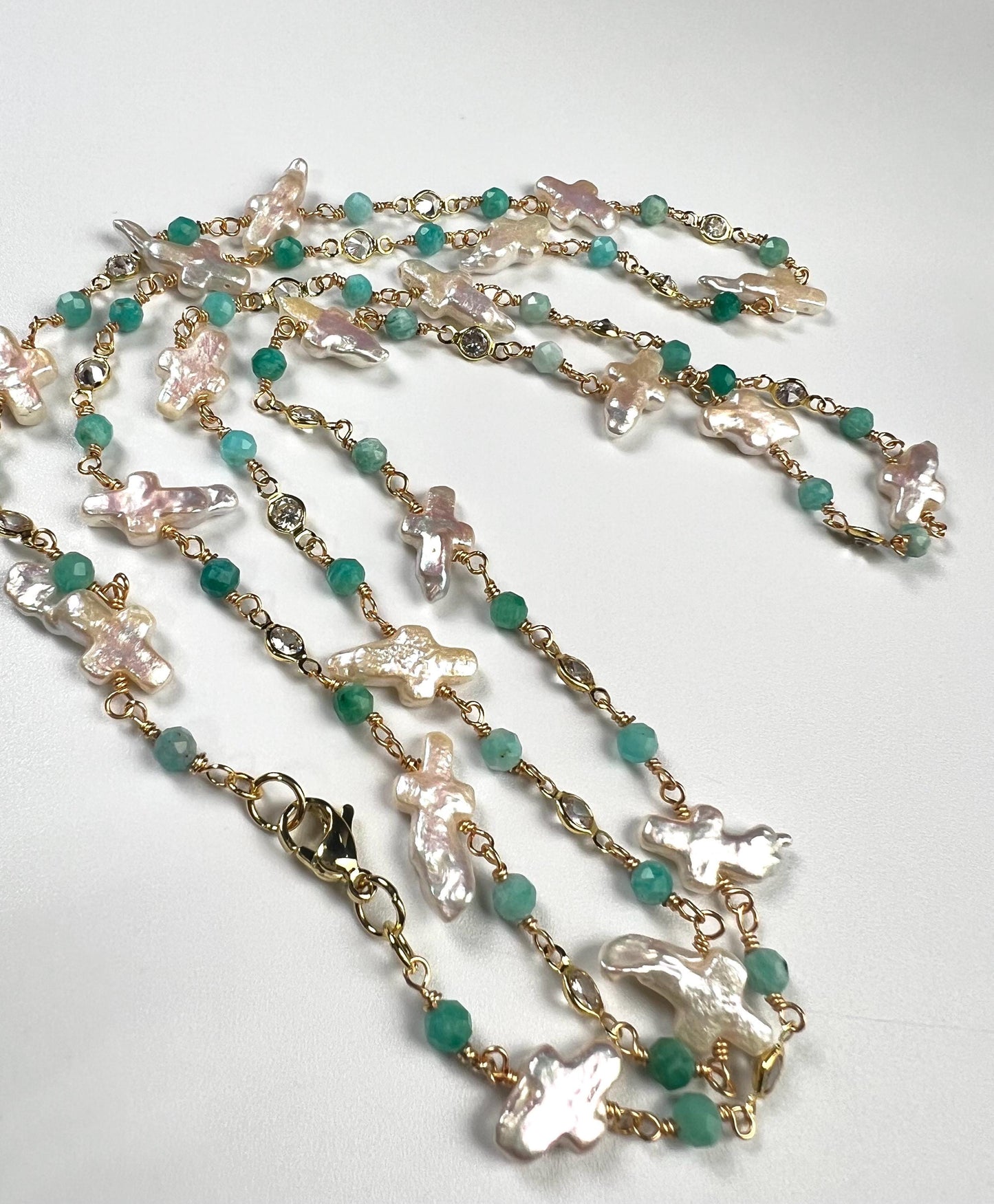 Natural Freshwater cross pearl blue opal CZ diamond handmade gold vermeil wire wraped necklace Very beautiful