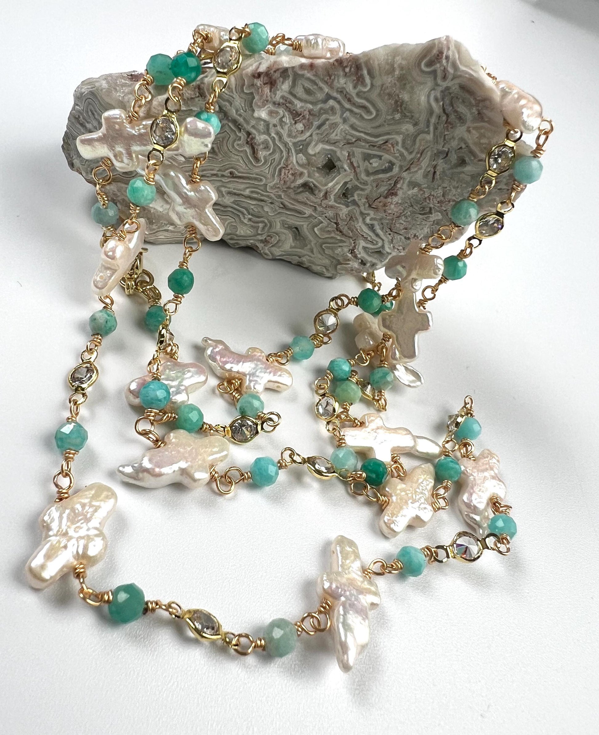 Natural Freshwater cross pearl blue opal CZ diamond handmade gold vermeil wire wraped necklace Very beautiful