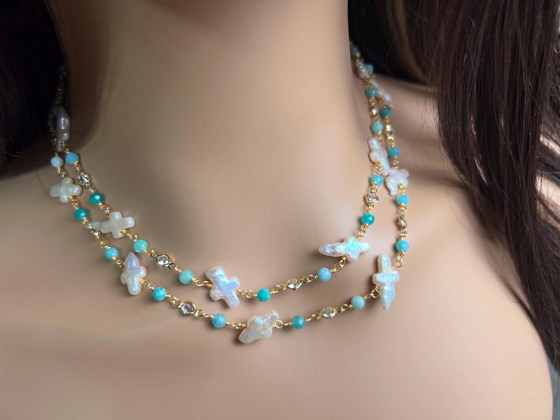 Natural Freshwater cross pearl blue opal CZ diamond handmade gold vermeil wire wraped necklace Very beautiful