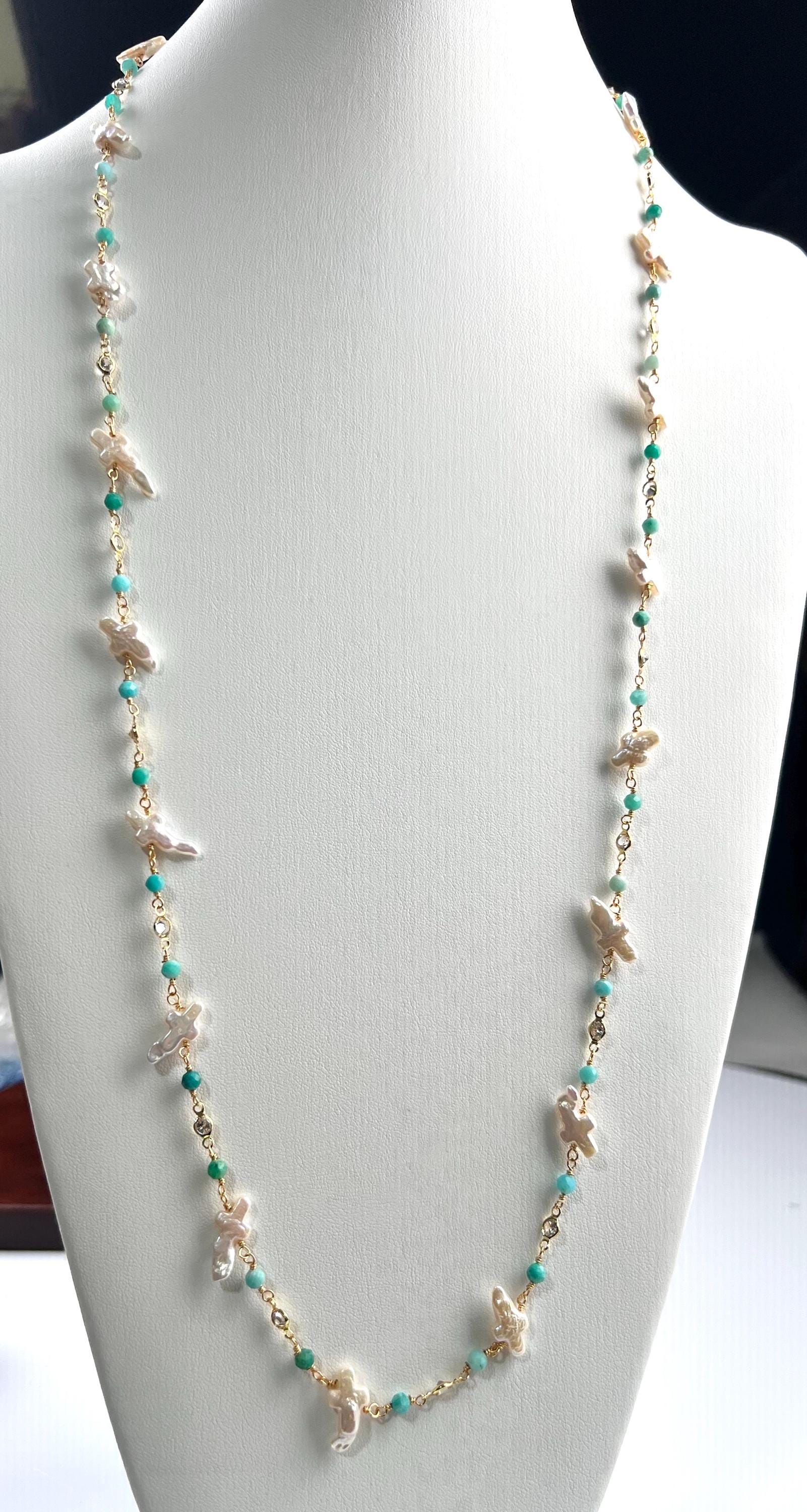 Natural Freshwater cross pearl blue opal CZ diamond handmade gold vermeil wire wraped necklace Very beautiful