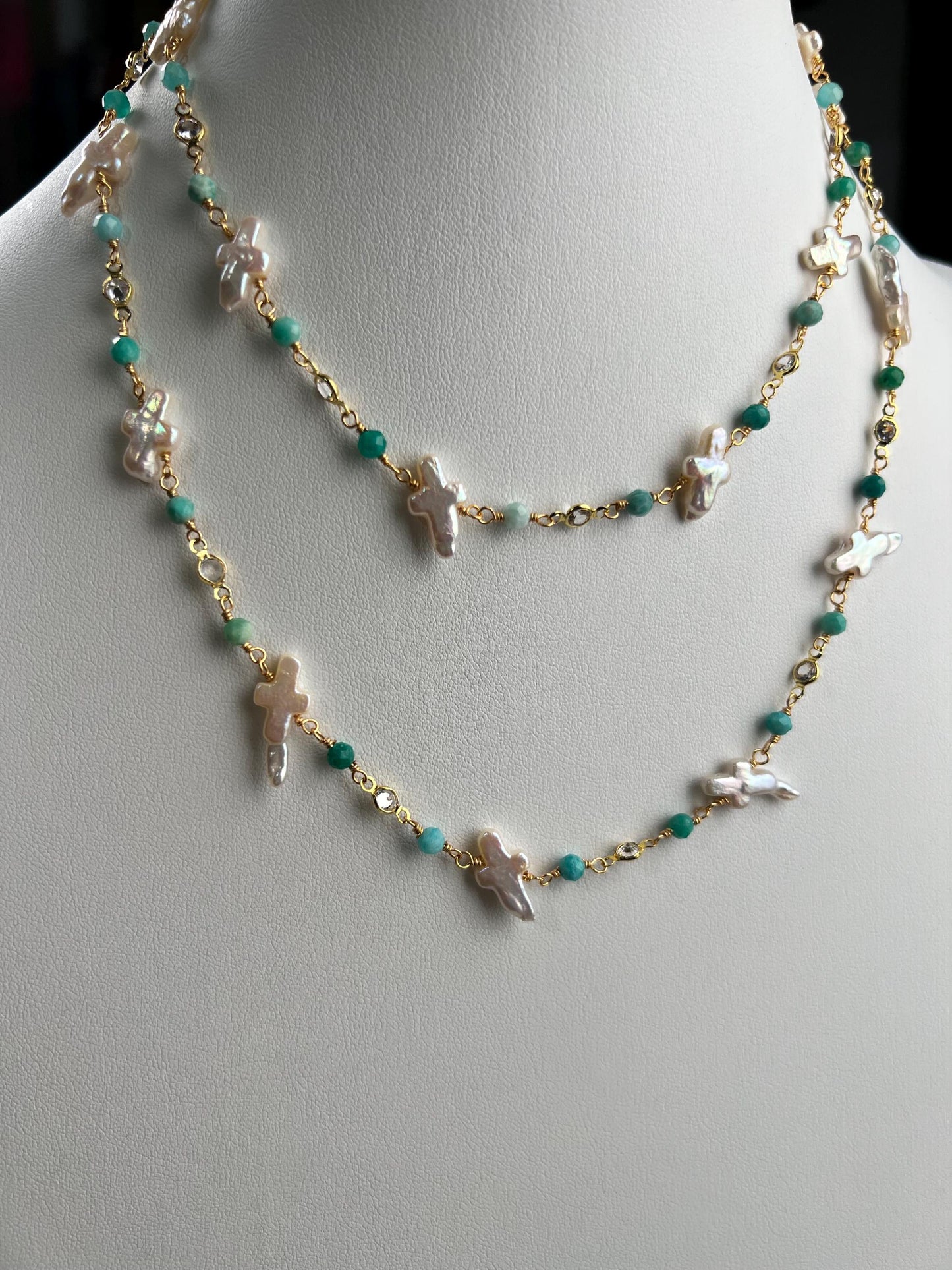 Natural Freshwater cross pearl blue opal CZ diamond handmade gold vermeil wire wraped necklace Very beautiful