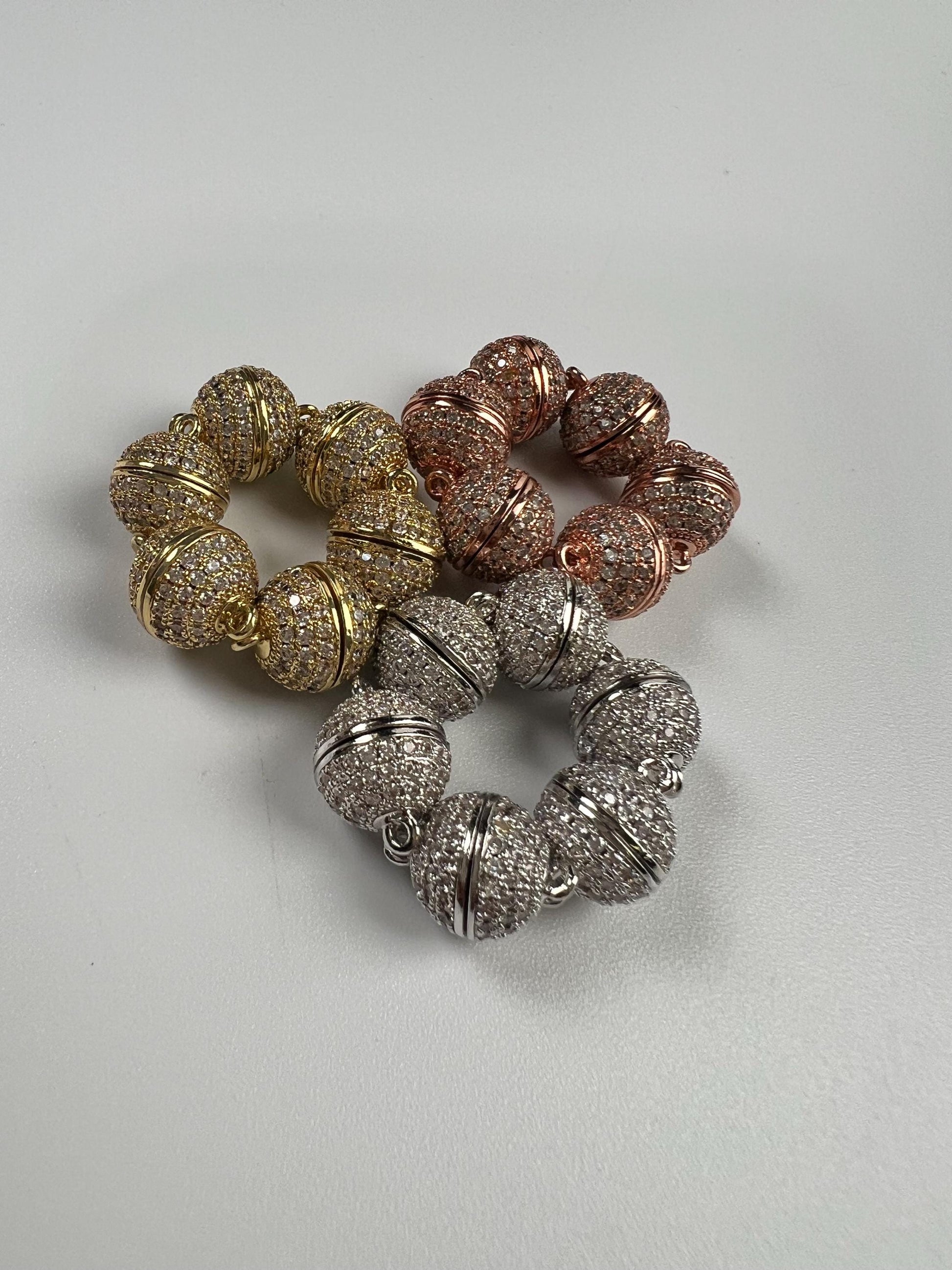 10mm round CZ diamond setting Pave magnet clasp silver, gold, and Rose Gold plated brass, good quality, jewelry making clasp. 1 set