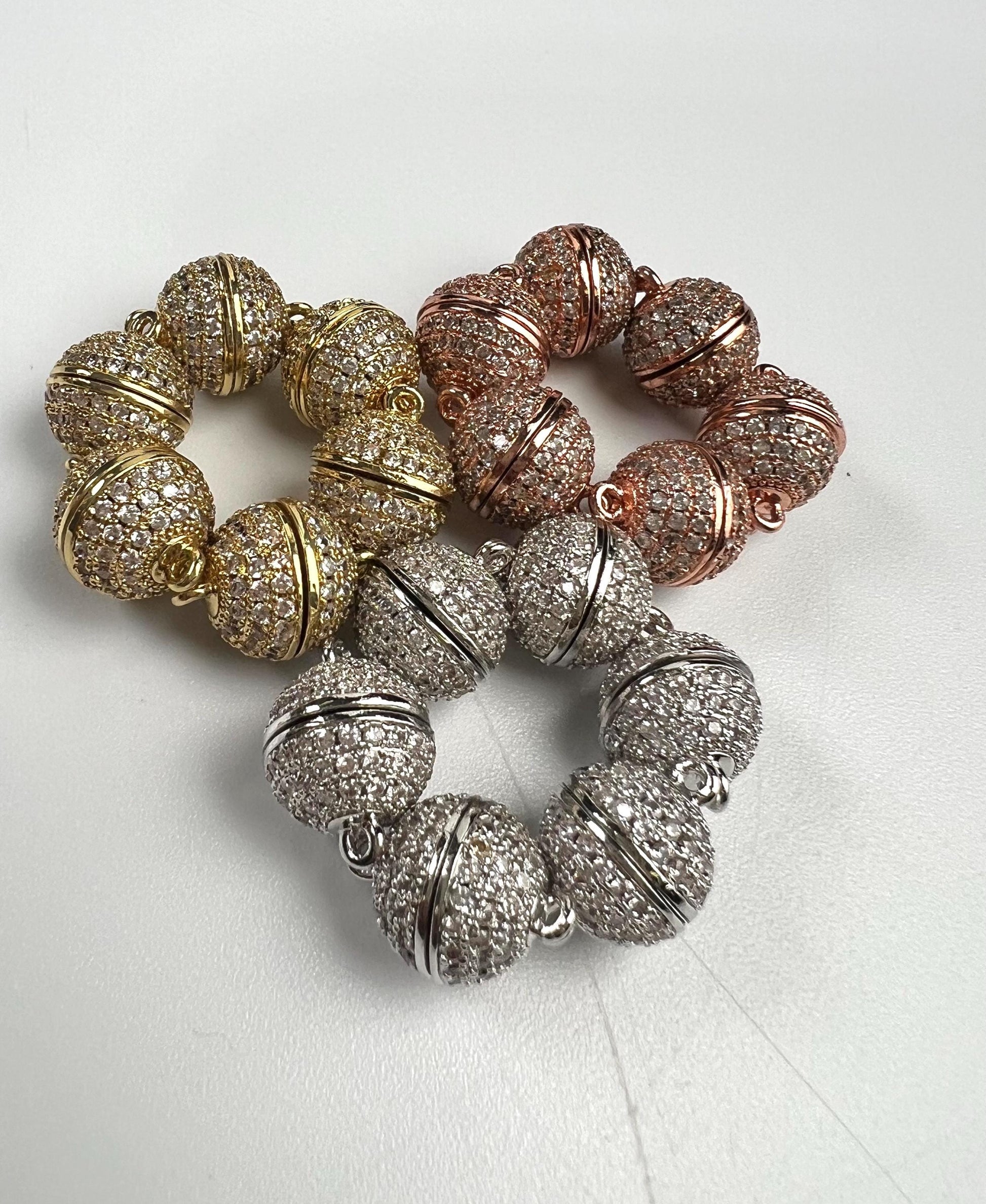 10mm round CZ diamond setting Pave magnet clasp silver, gold, and Rose Gold plated brass, good quality, jewelry making clasp. 1 set