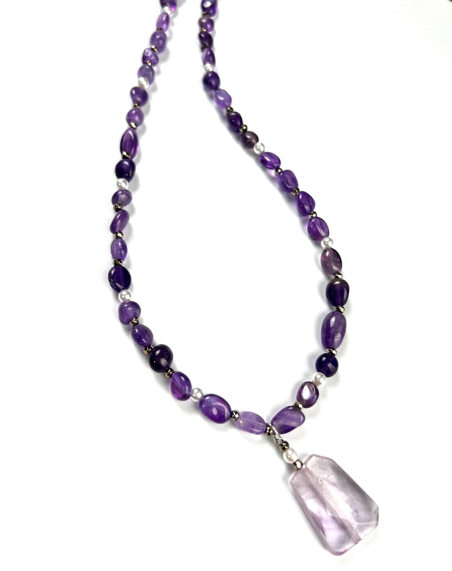 Amethyst oval freshwater pearl and pyrite spacer Amethyst pendant necklace February Birthstone Energy, Meditation yoga Necklace