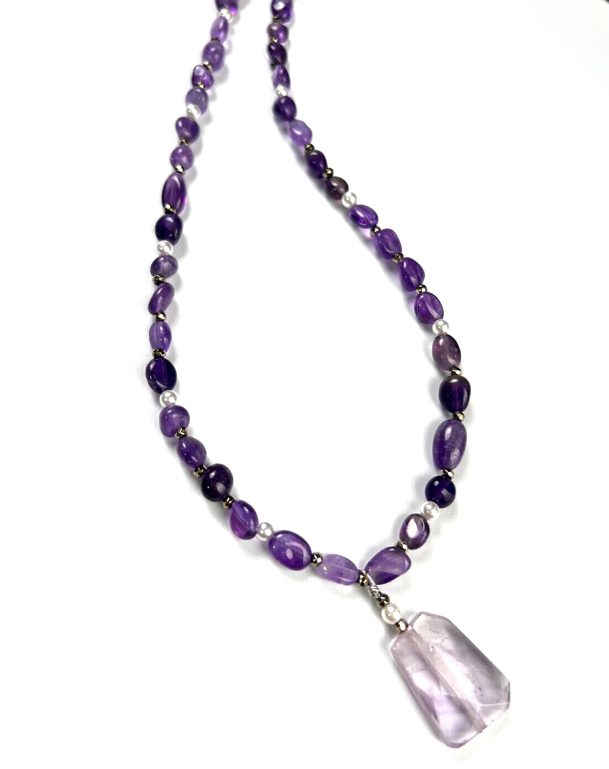 Amethyst oval freshwater pearl and pyrite spacer Amethyst pendant necklace February Birthstone Energy, Meditation yoga Necklace
