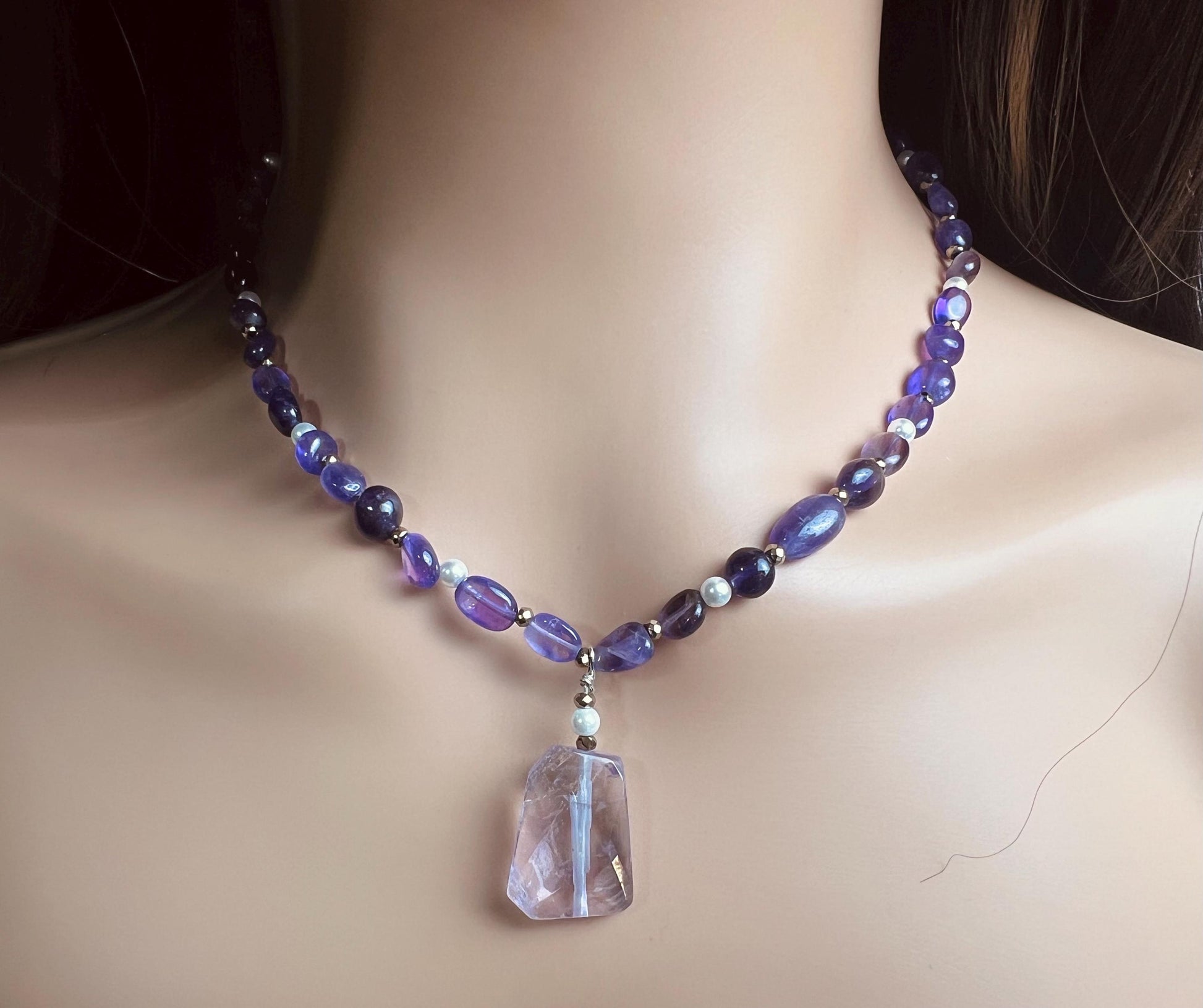Amethyst oval freshwater pearl and pyrite spacer Amethyst pendant necklace February Birthstone Energy, Meditation yoga Necklace