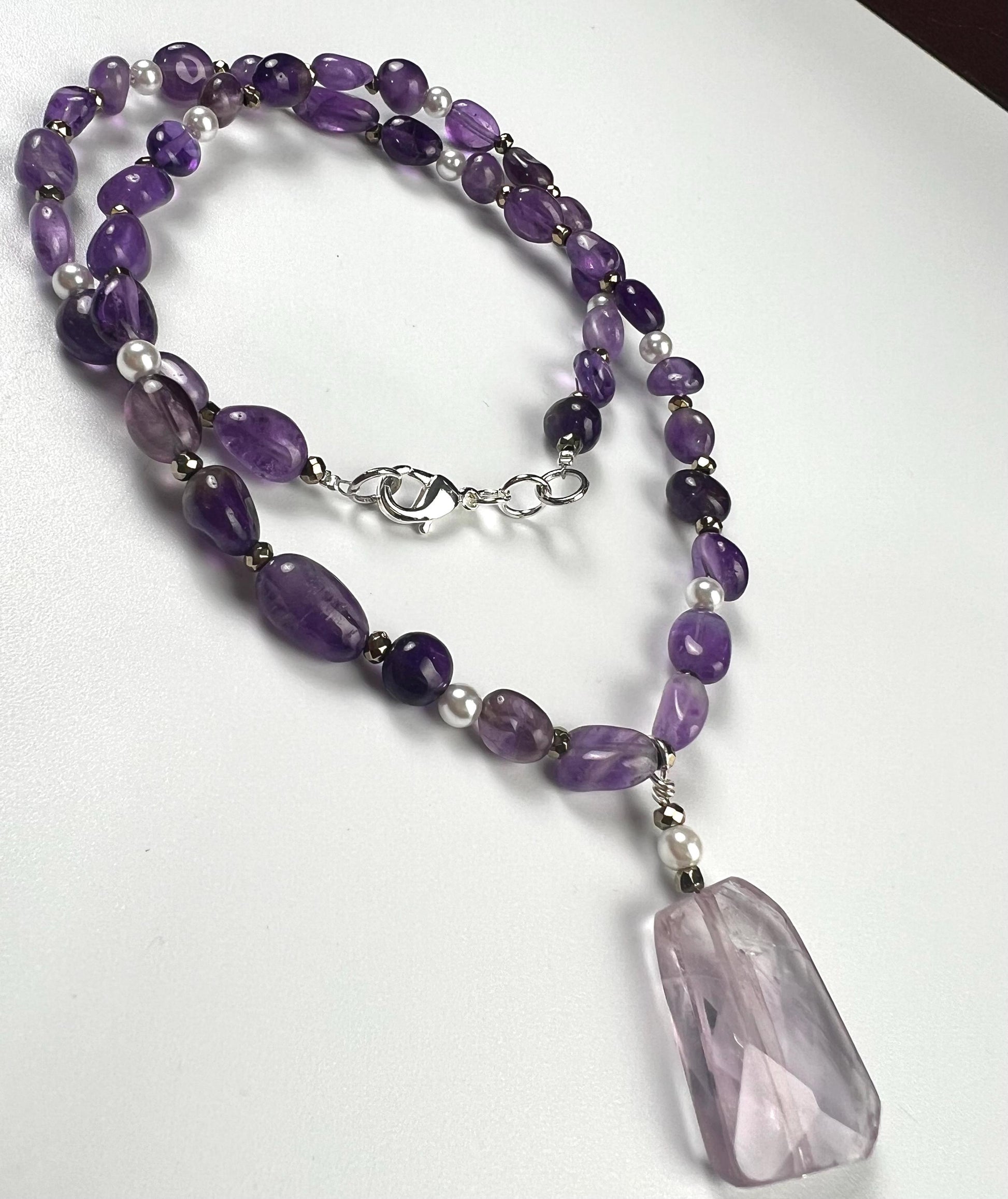 Amethyst oval freshwater pearl and pyrite spacer Amethyst pendant necklace February Birthstone Energy, Meditation yoga Necklace