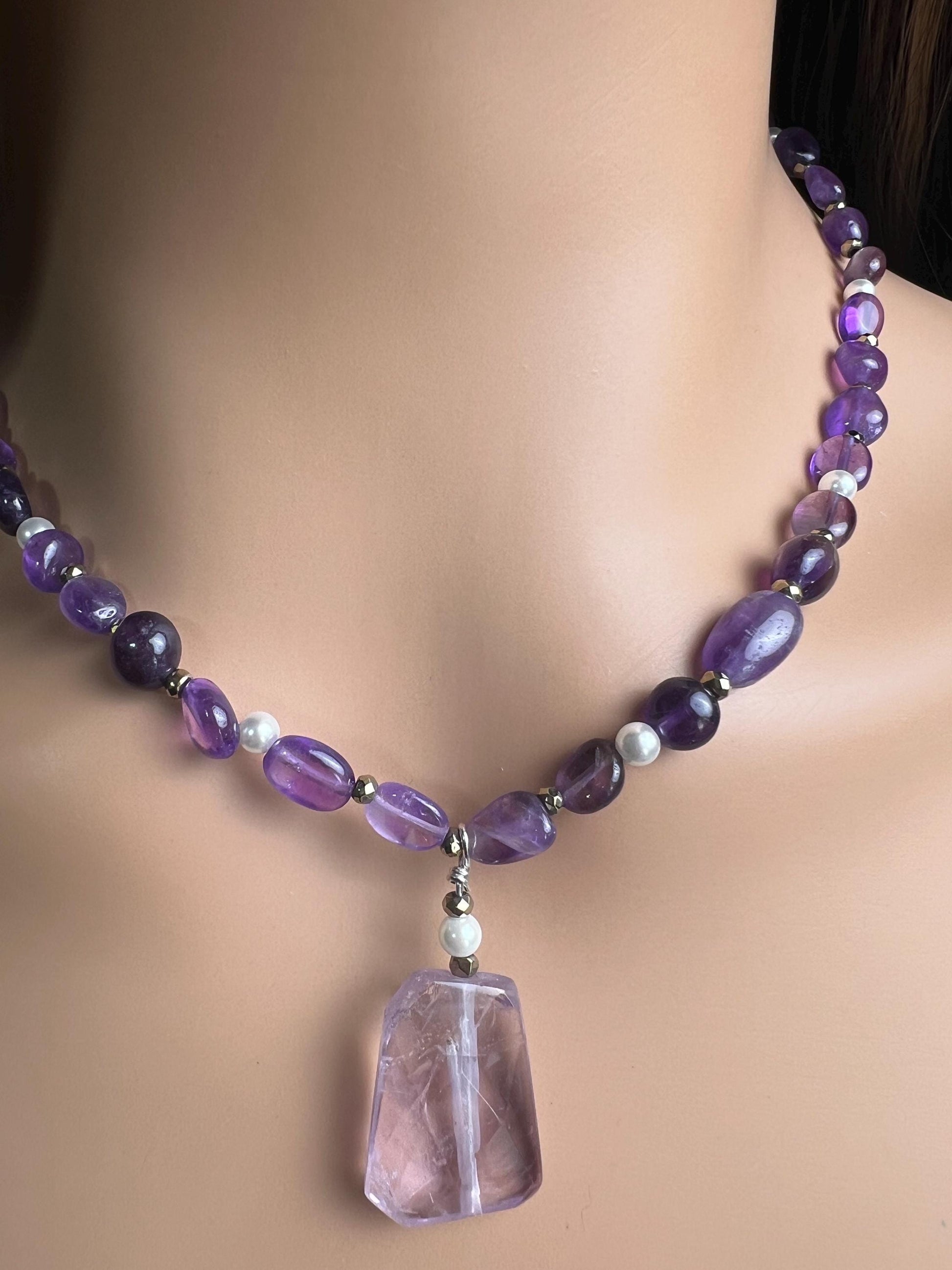 Amethyst oval freshwater pearl and pyrite spacer Amethyst pendant necklace February Birthstone Energy, Meditation yoga Necklace