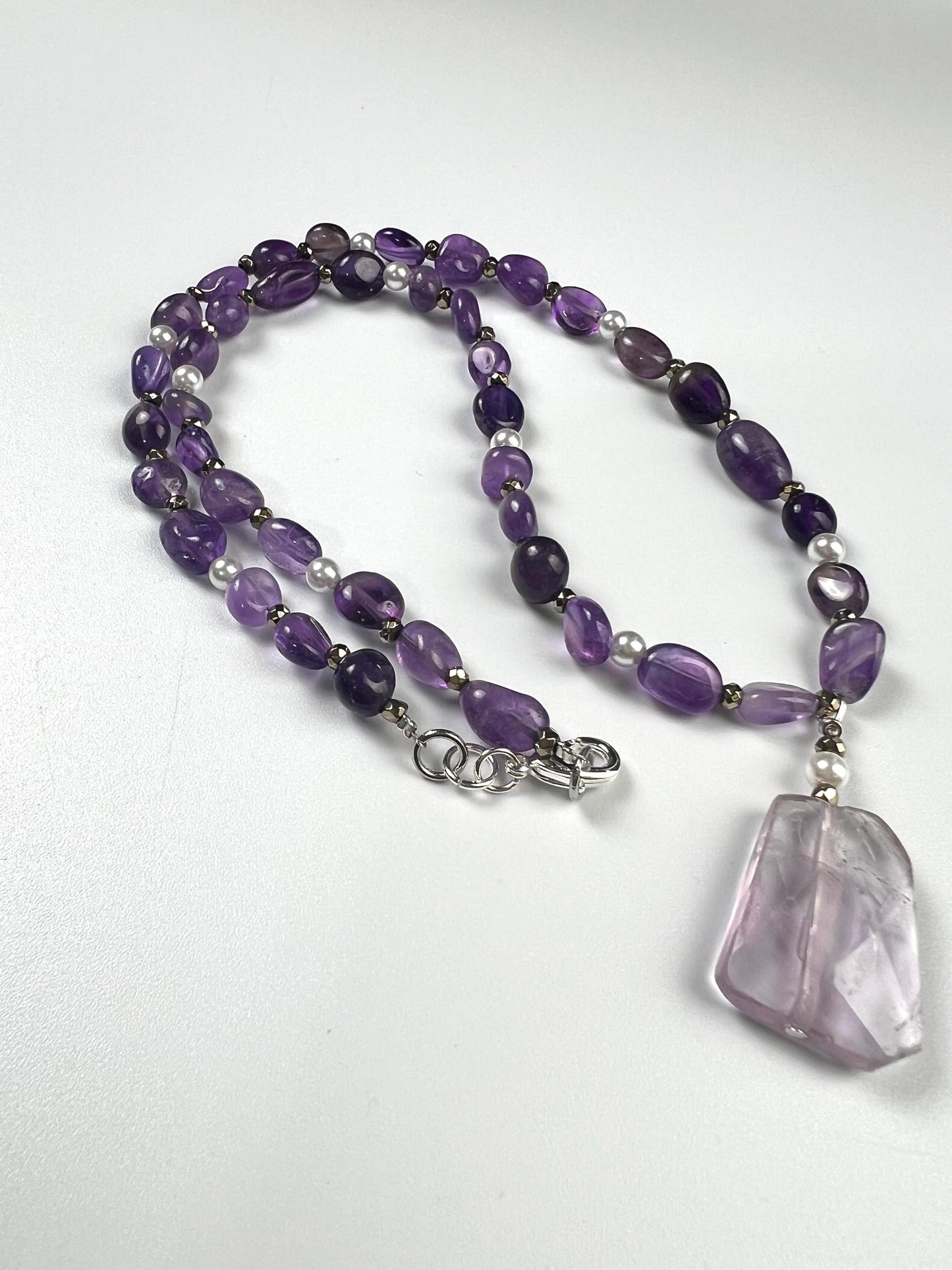 Amethyst oval freshwater pearl and pyrite spacer Amethyst pendant necklace February Birthstone Energy, Meditation yoga Necklace