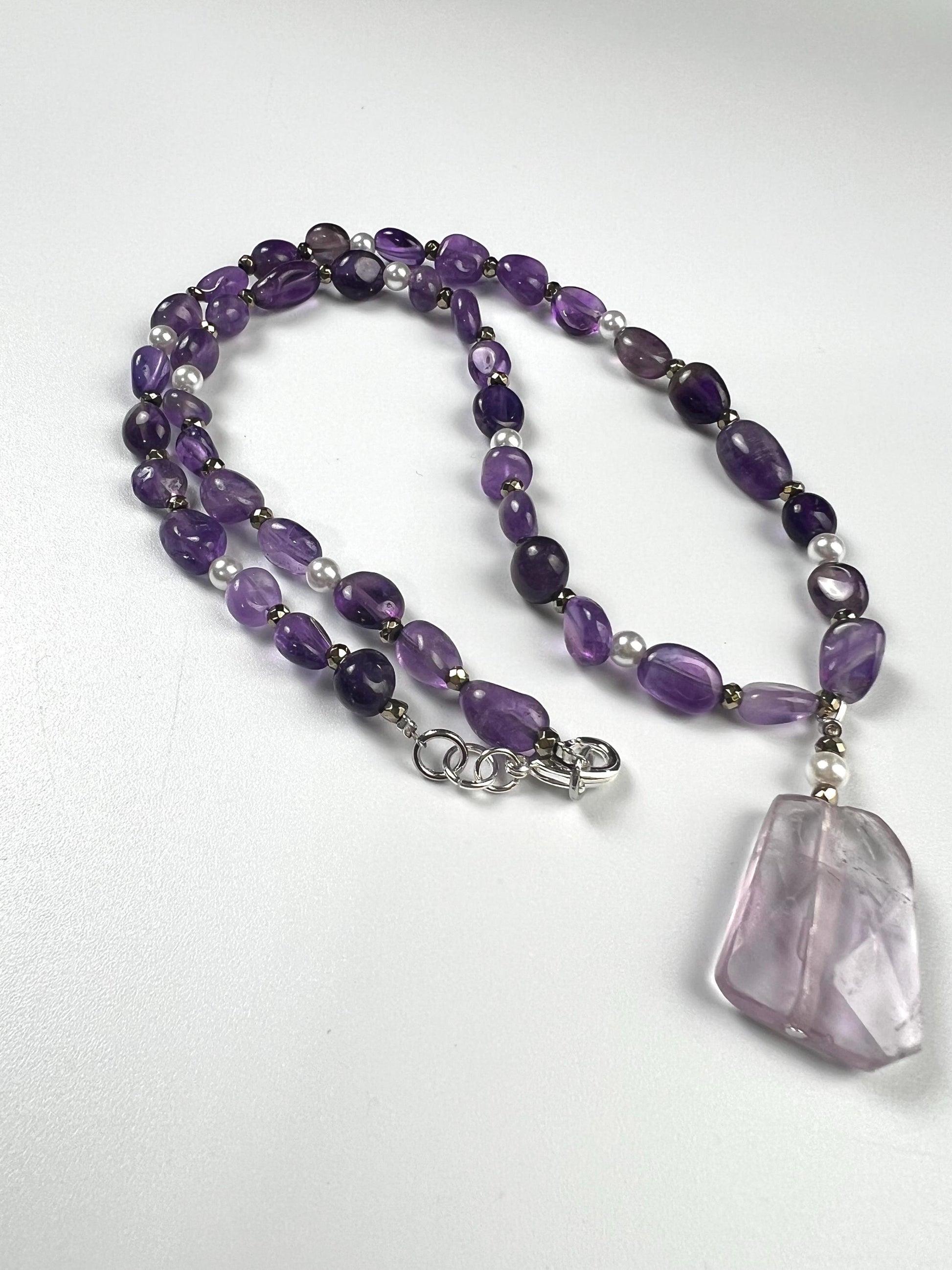 Amethyst oval freshwater pearl and pyrite spacer Amethyst pendant necklace February Birthstone Energy, Meditation yoga Necklace