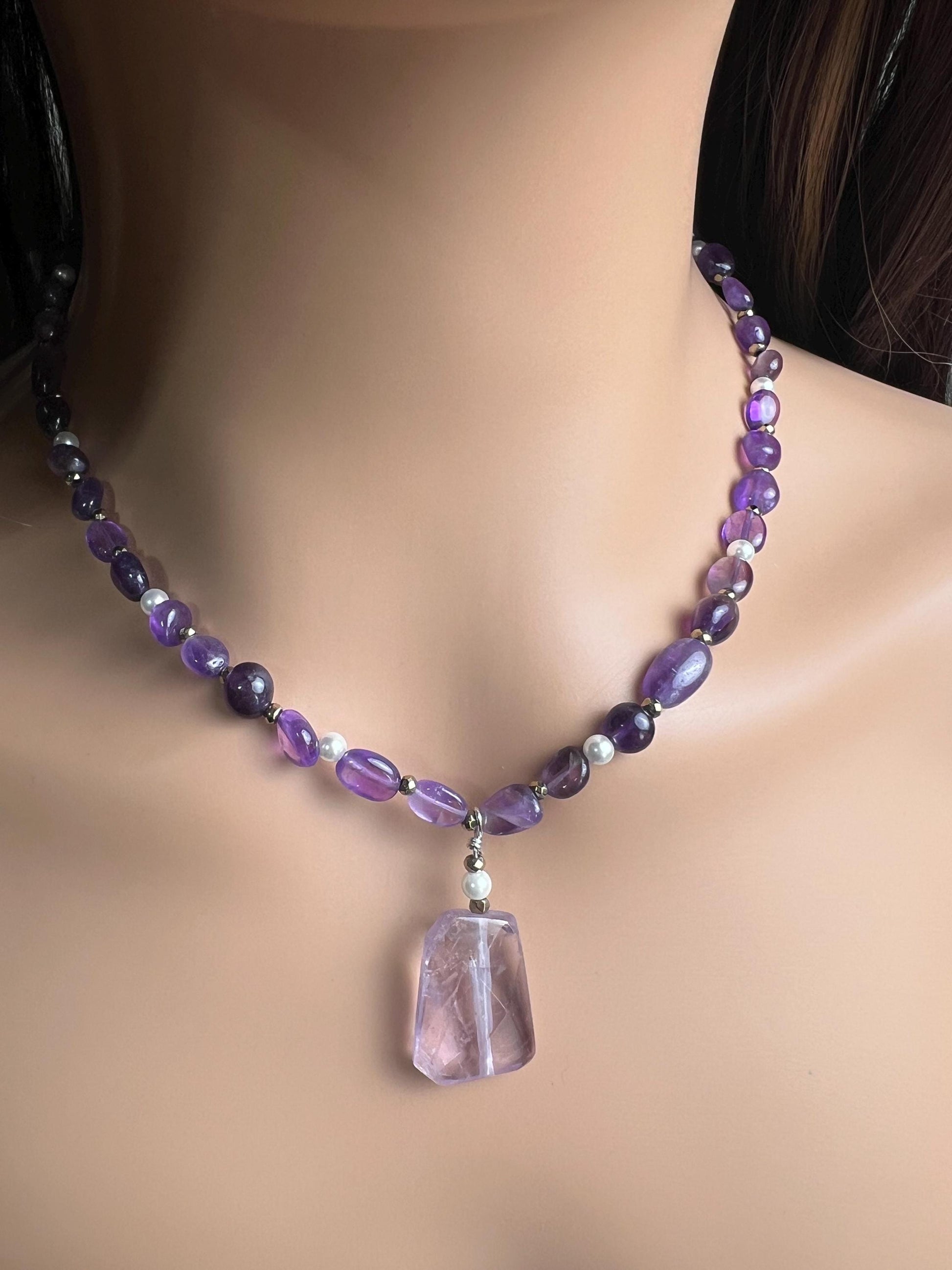 Amethyst oval freshwater pearl and pyrite spacer Amethyst pendant necklace February Birthstone Energy, Meditation yoga Necklace