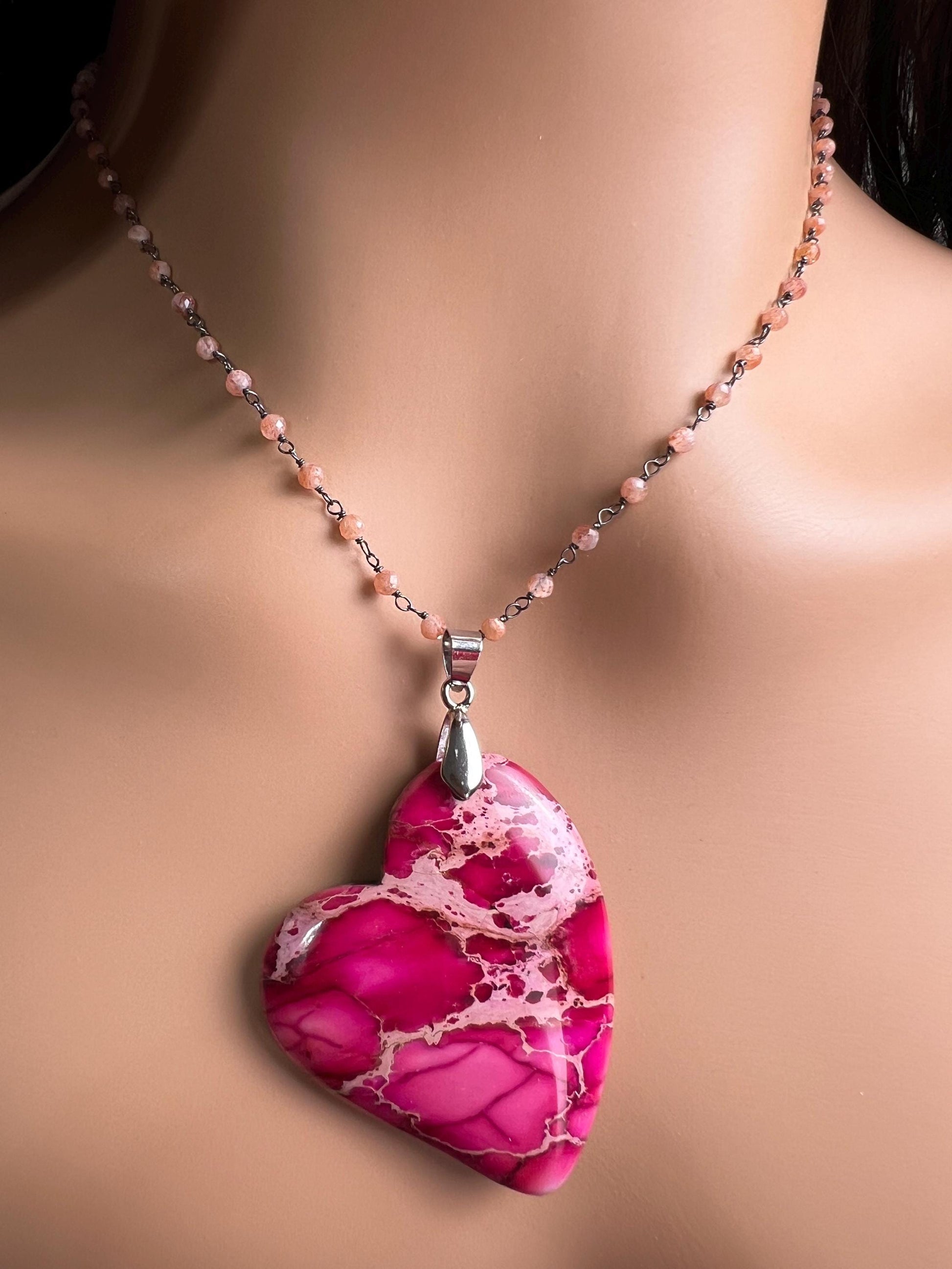 Pink Impression Jasper large heart pendant with peach Moonstone Chain Necklace. Valentines Gemstone gift