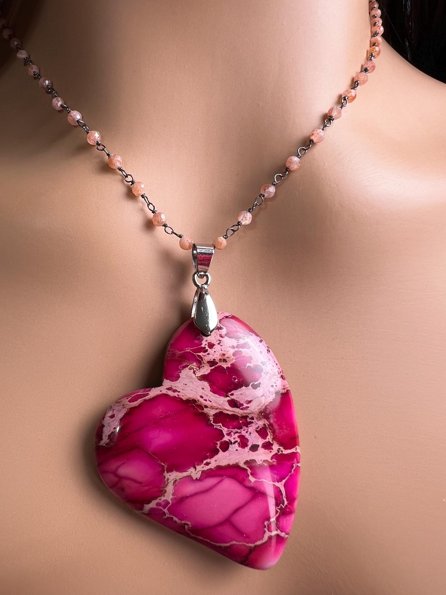Pink Impression Jasper large heart pendant with peach Moonstone Chain Necklace. Valentines Gemstone gift