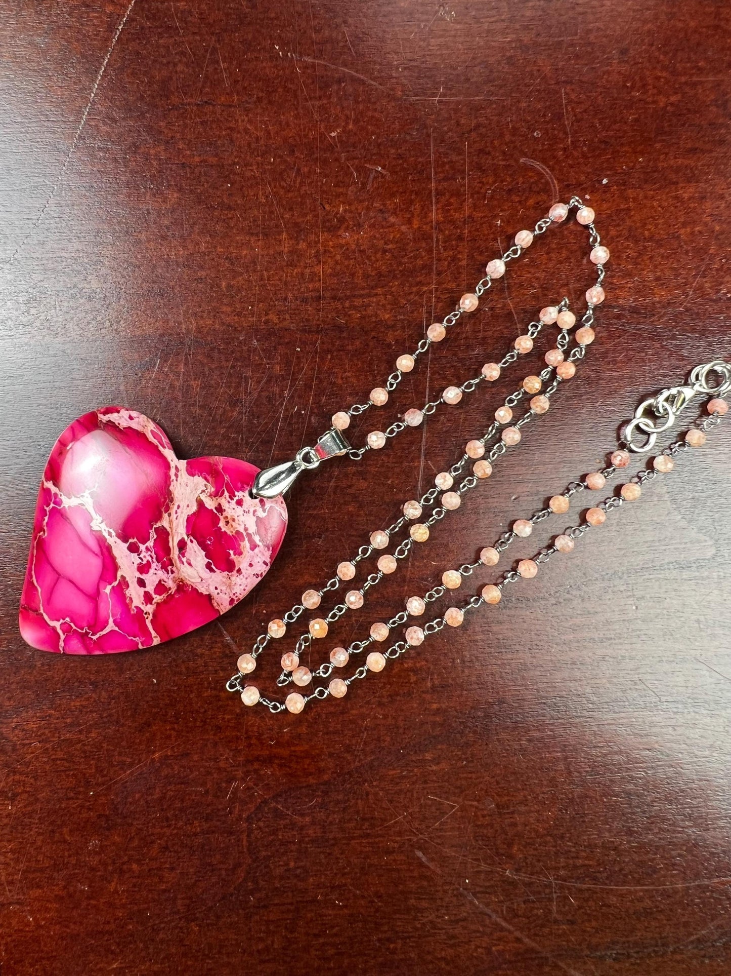 Pink Impression Jasper large heart pendant with peach Moonstone Chain Necklace. Valentines Gemstone gift