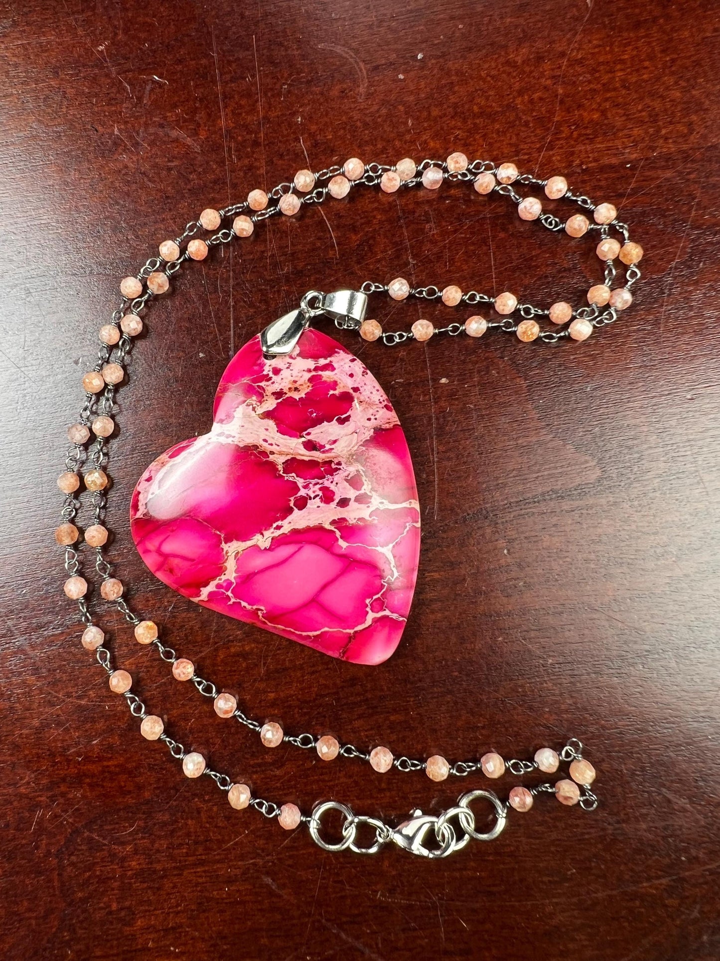 Pink Impression Jasper large heart pendant with peach Moonstone Chain Necklace. Valentines Gemstone gift
