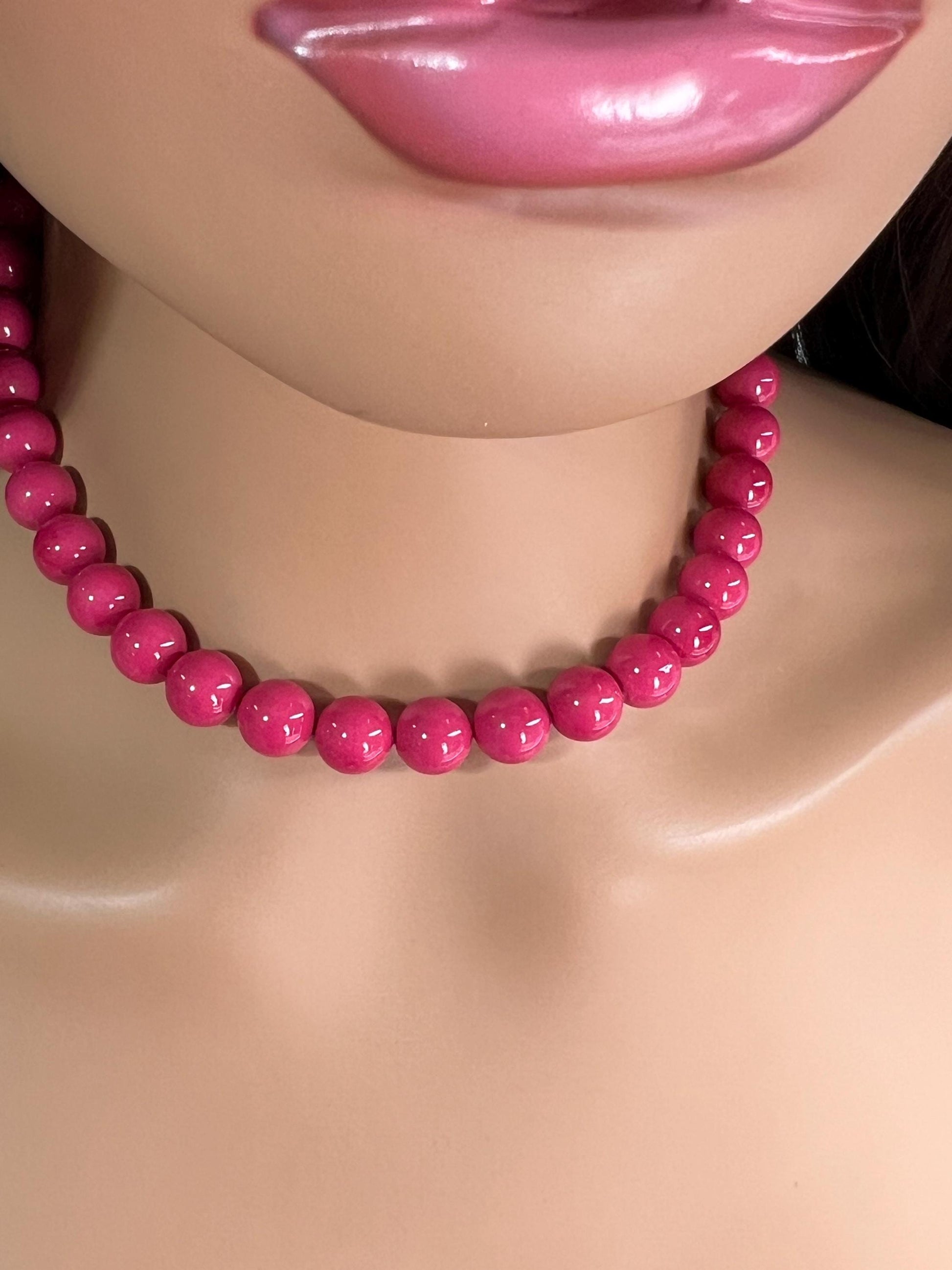 Hot Pink South SeaShell Pearl 10mm High Luster Statement Necklace ball Clasp, Valentine Bridal, party wear