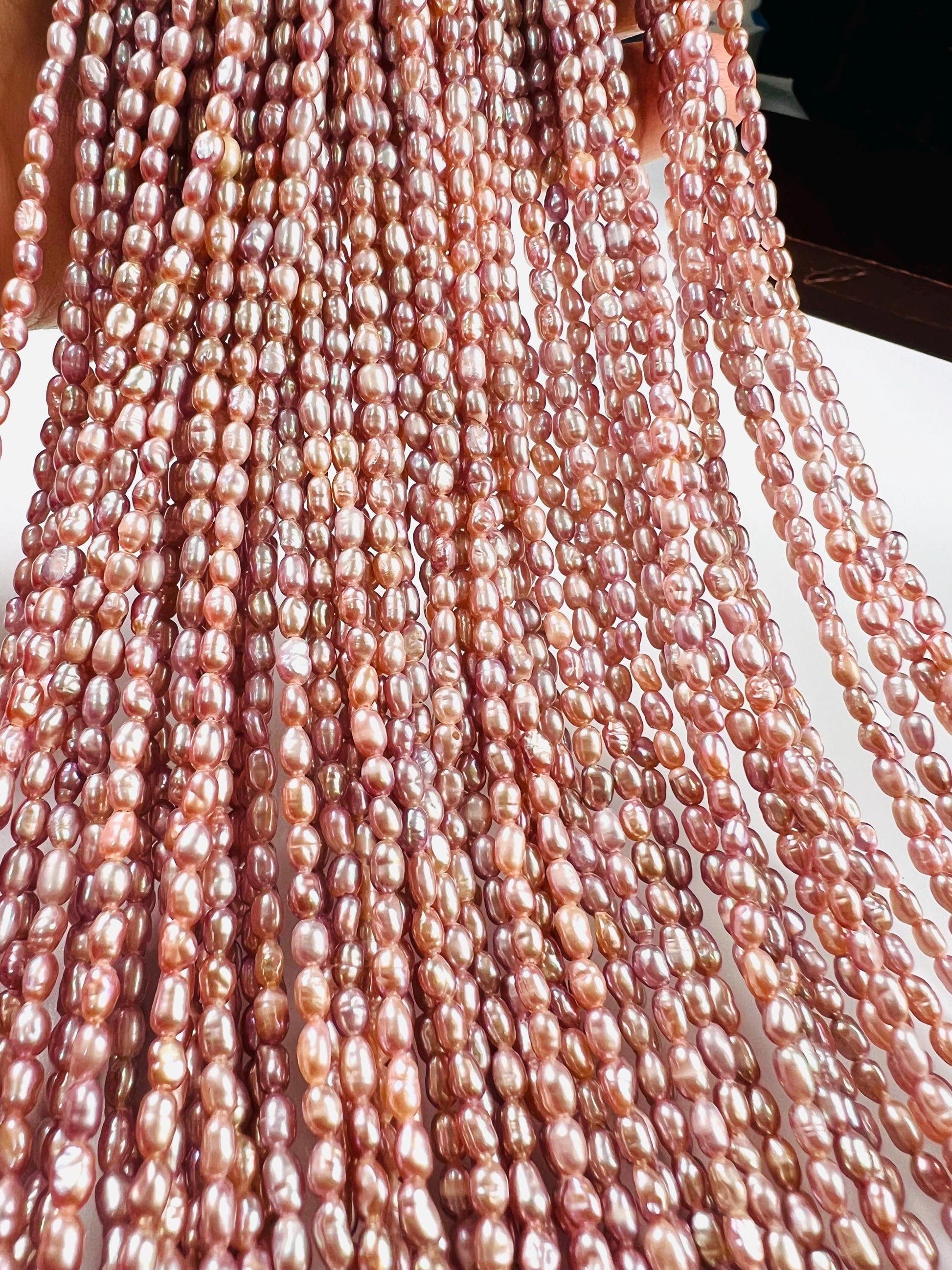 Natural Freshwater pearl, champagne pink purple rice oval AAA quality pearl 2.5-3mm tiny pearl 14” full strand