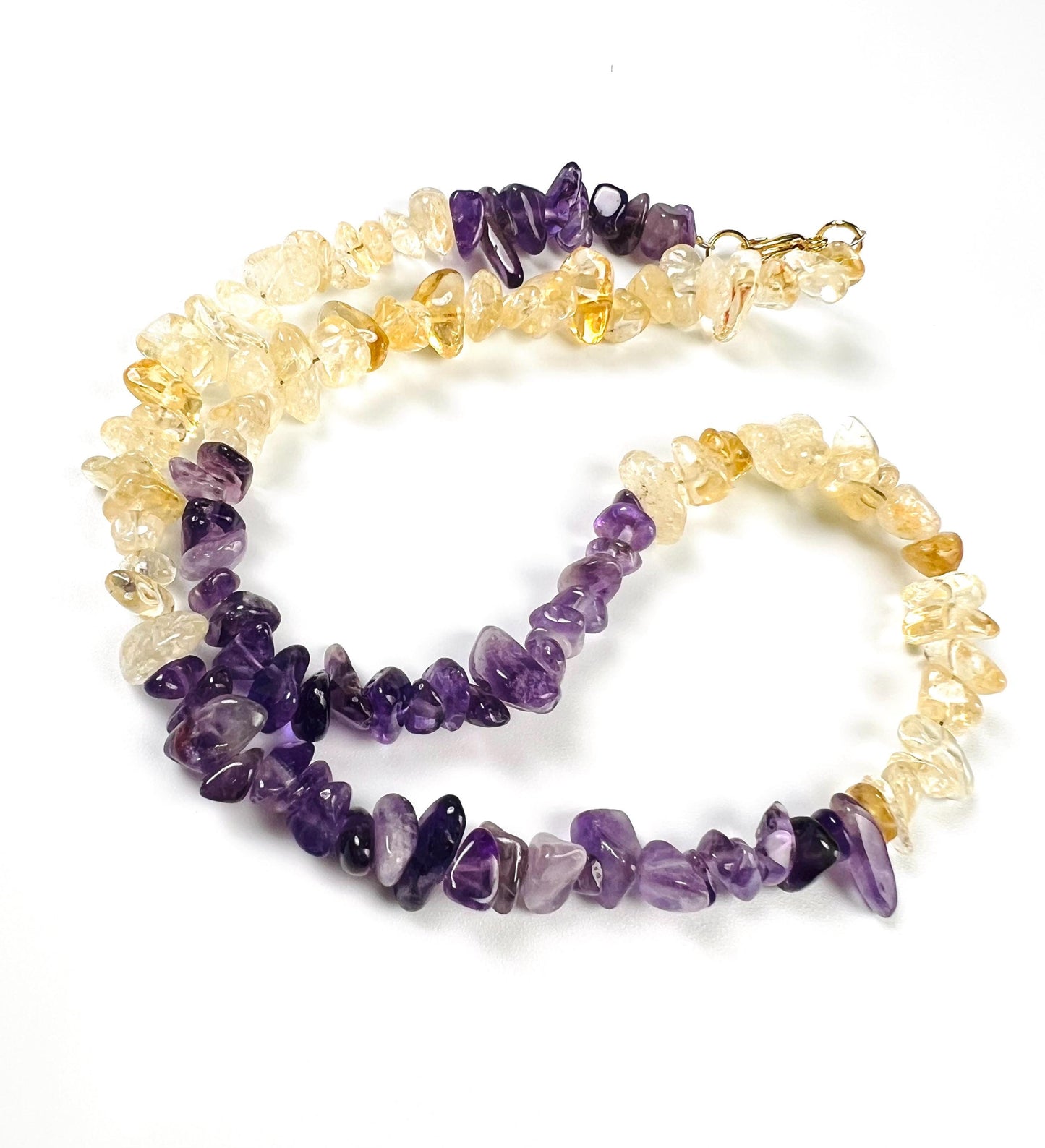 Natural Citrine and Amethyst Freeform Raw smooth nugget chips gold necklace February Birthstone Energy, Meditation yoga Necklace