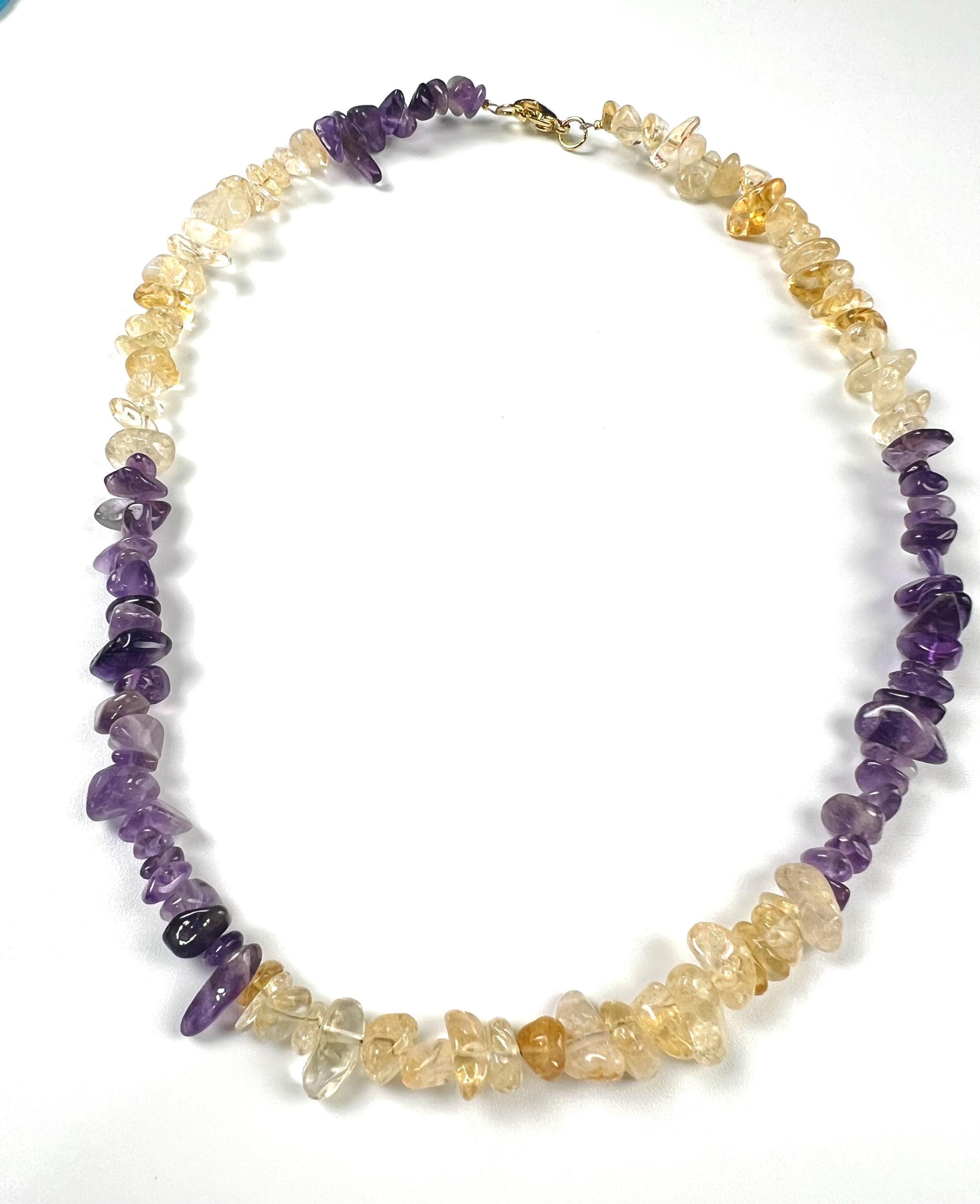 Natural Citrine and Amethyst Freeform Raw smooth nugget chips gold necklace February Birthstone Energy, Meditation yoga Necklace