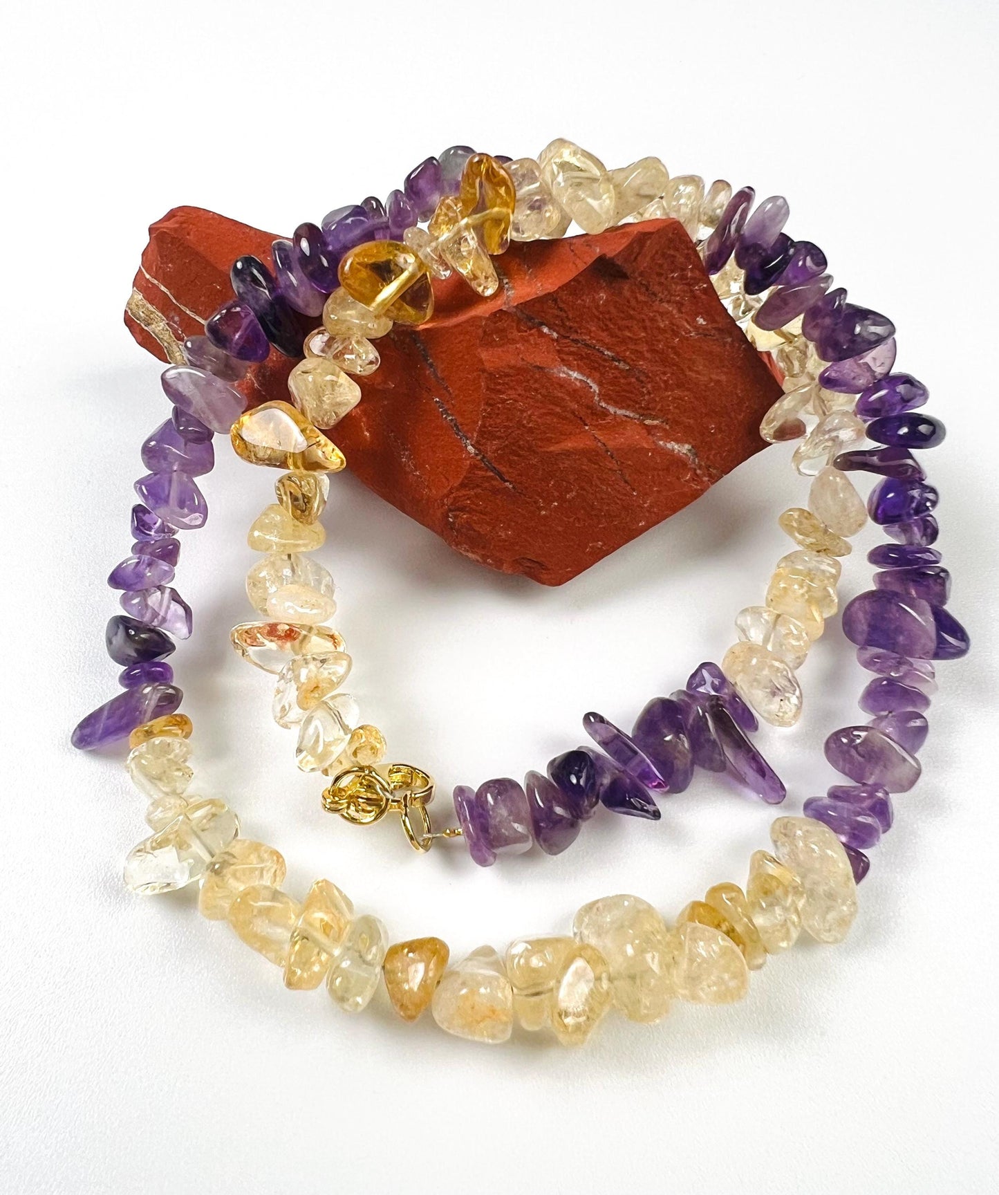 Natural Citrine and Amethyst Freeform Raw smooth nugget chips gold necklace February Birthstone Energy, Meditation yoga Necklace