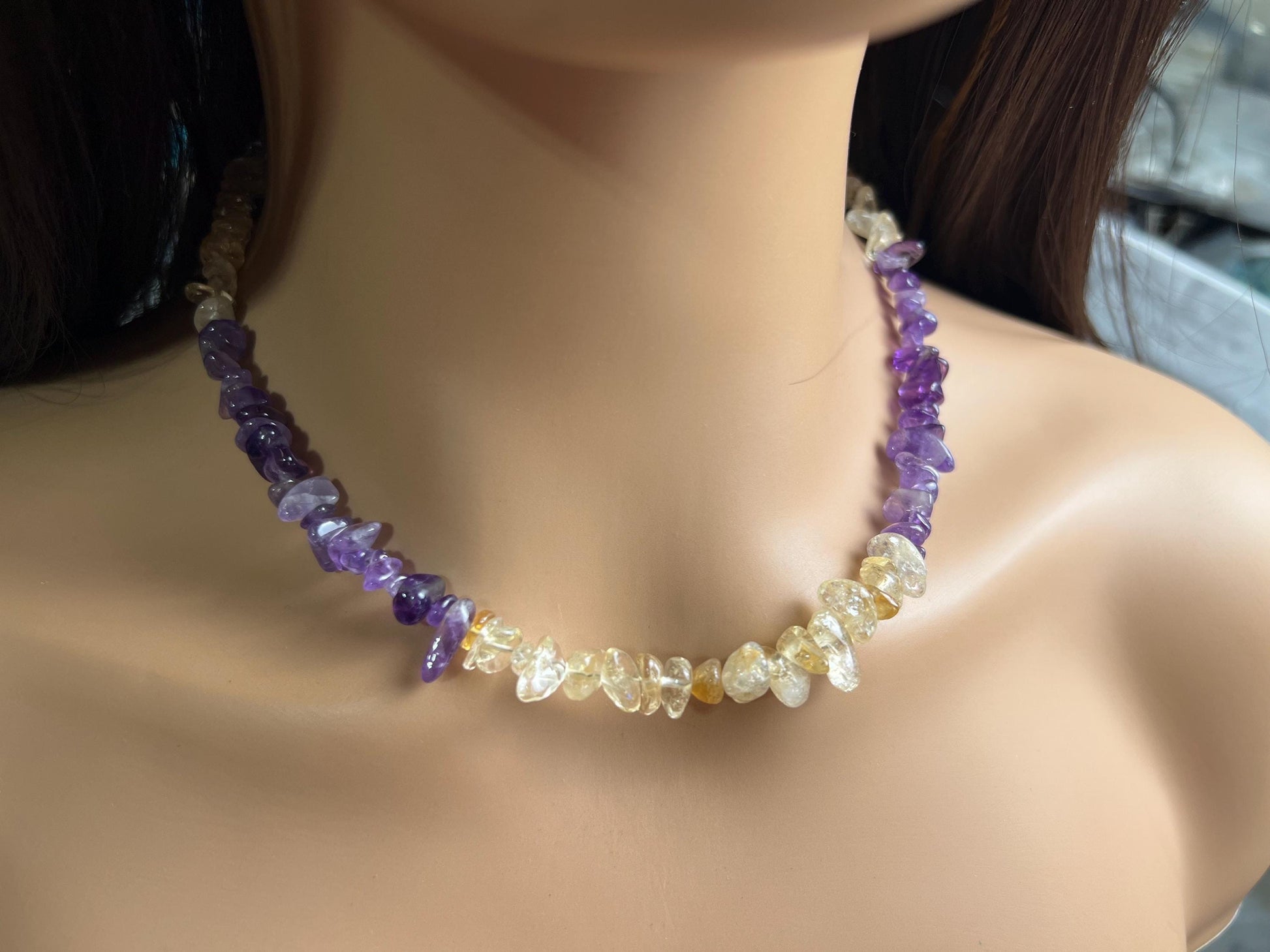Natural Citrine and Amethyst Freeform Raw smooth nugget chips gold necklace February Birthstone Energy, Meditation yoga Necklace