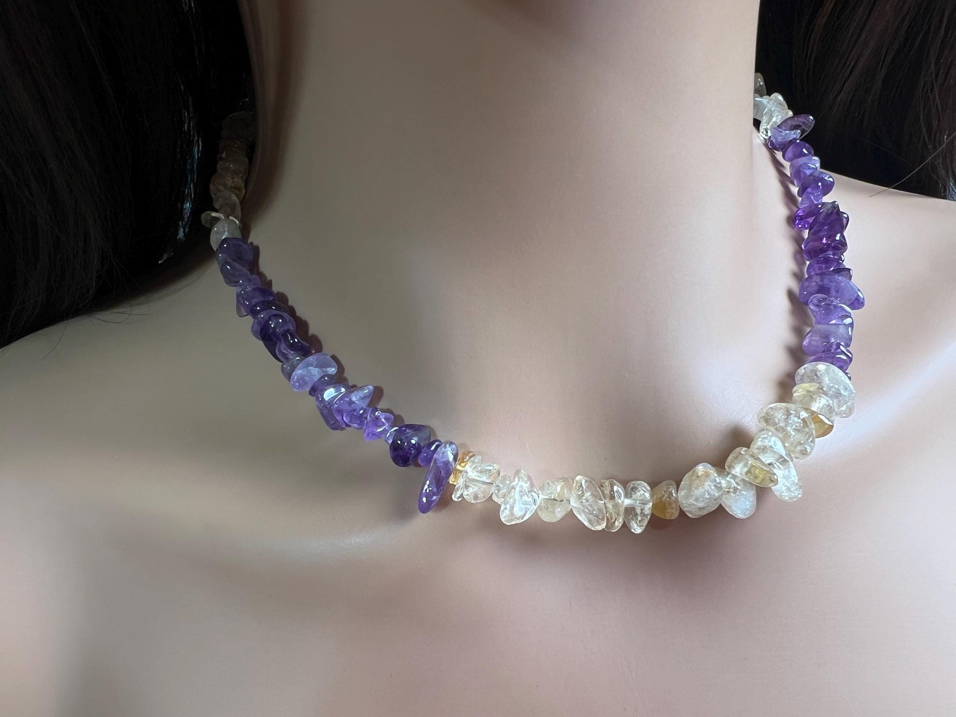 Natural Citrine and Amethyst Freeform Raw smooth nugget chips gold necklace February Birthstone Energy, Meditation yoga Necklace