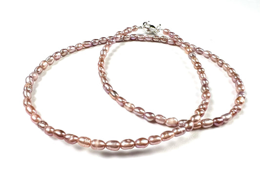 Natural Freshwater Pearl AAA quality pitchy pink purple rice oval Pearl Necklace, wedding Holiday gift