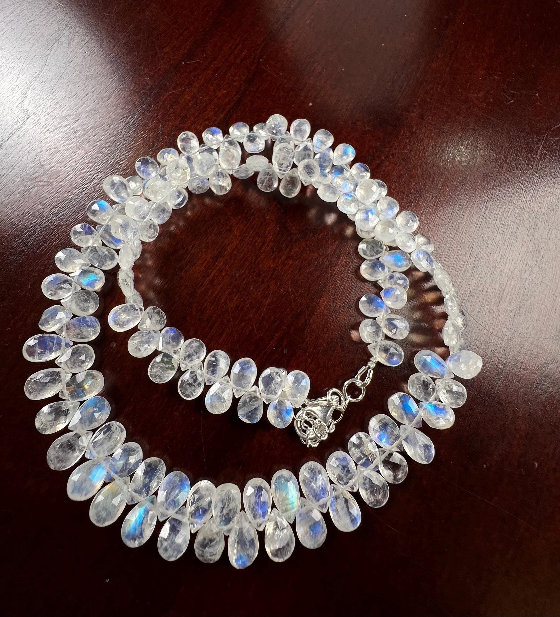 Natural Rainbow Moonstone Faceted Drop Gemstone Necklace AAA blue flash clear quality 925 Sterling Silver Precious elegant gift