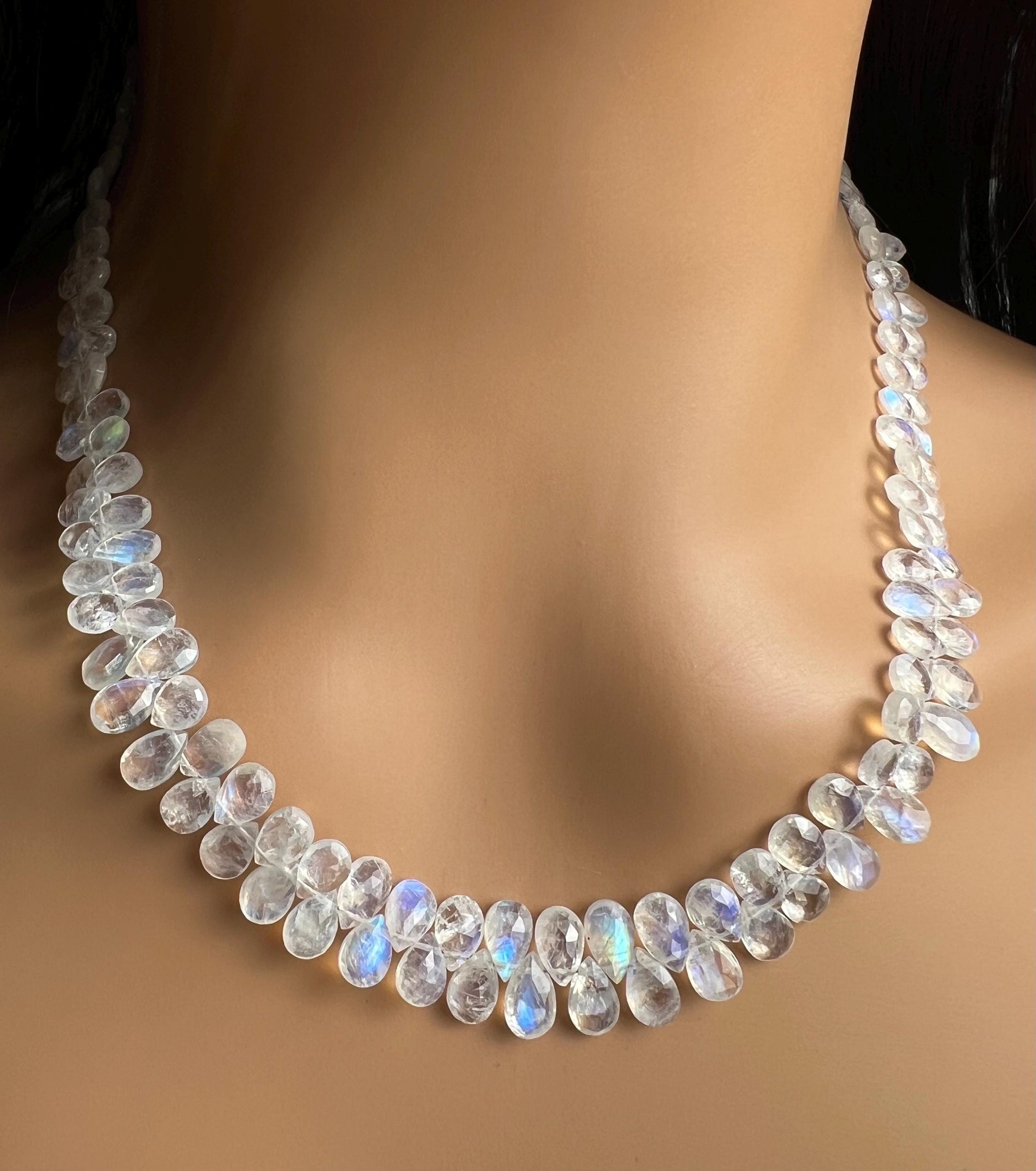 Natural Rainbow Moonstone Faceted Drop Gemstone Necklace AAA blue flash clear quality 925 Sterling Silver Precious elegant gift