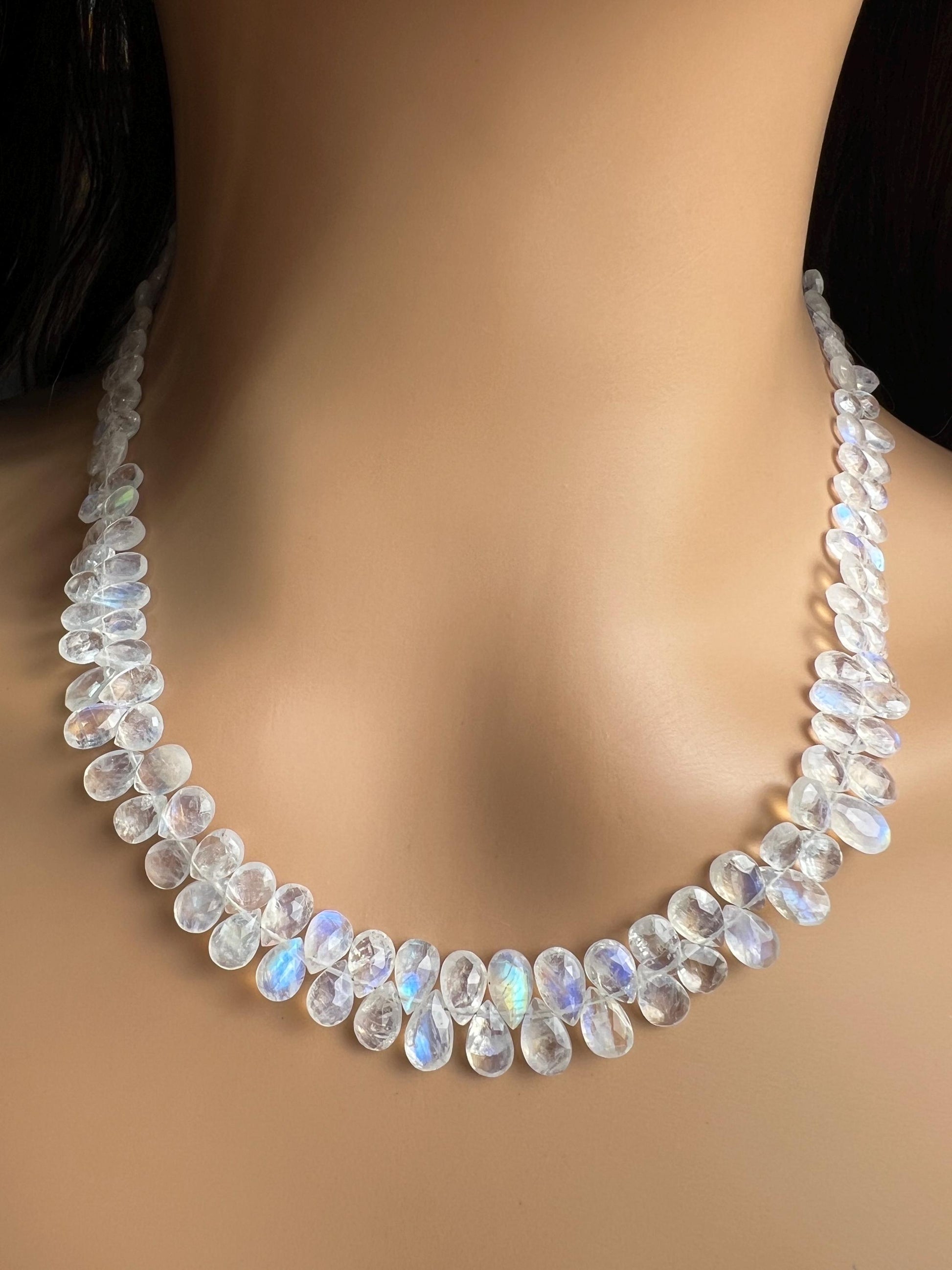 Natural Rainbow Moonstone Faceted Drop Gemstone Necklace AAA blue flash clear quality 925 Sterling Silver Precious elegant gift