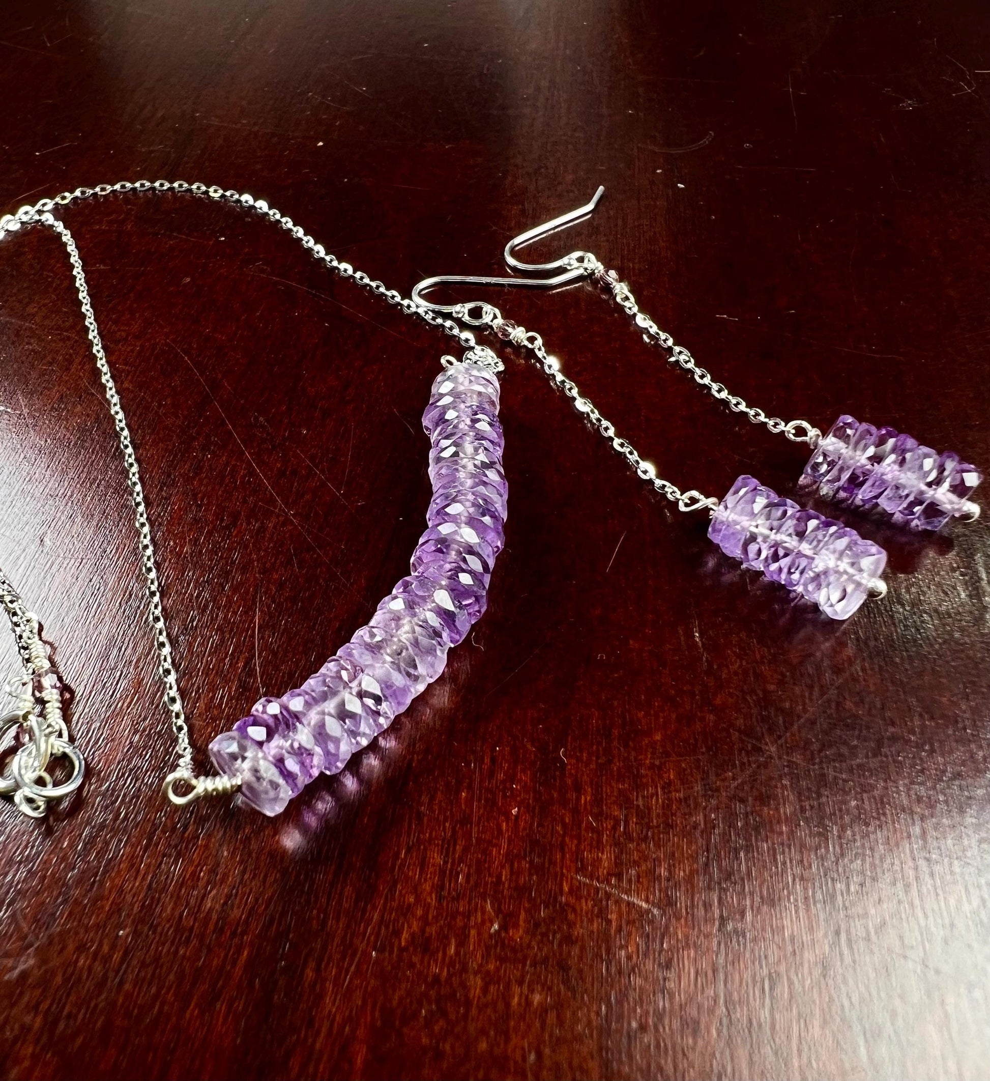 Natural Pink Amethyst AAA Faceted Heishi Beaded elegant Jewelry Set. 925 Sterling silver necklace and earrings set icy purple jewelry gift