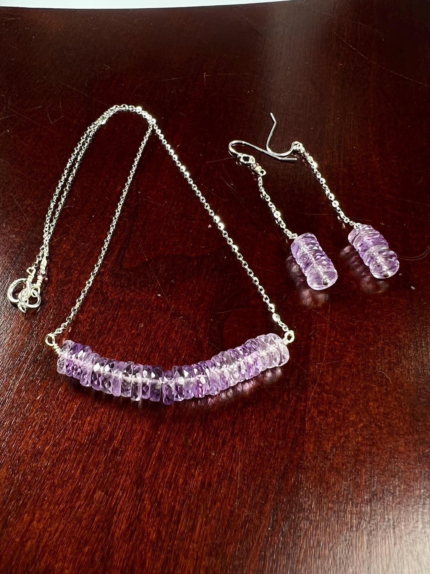 Natural Pink Amethyst AAA Faceted Heishi Beaded elegant Jewelry Set. 925 Sterling silver necklace and earrings set icy purple jewelry gift