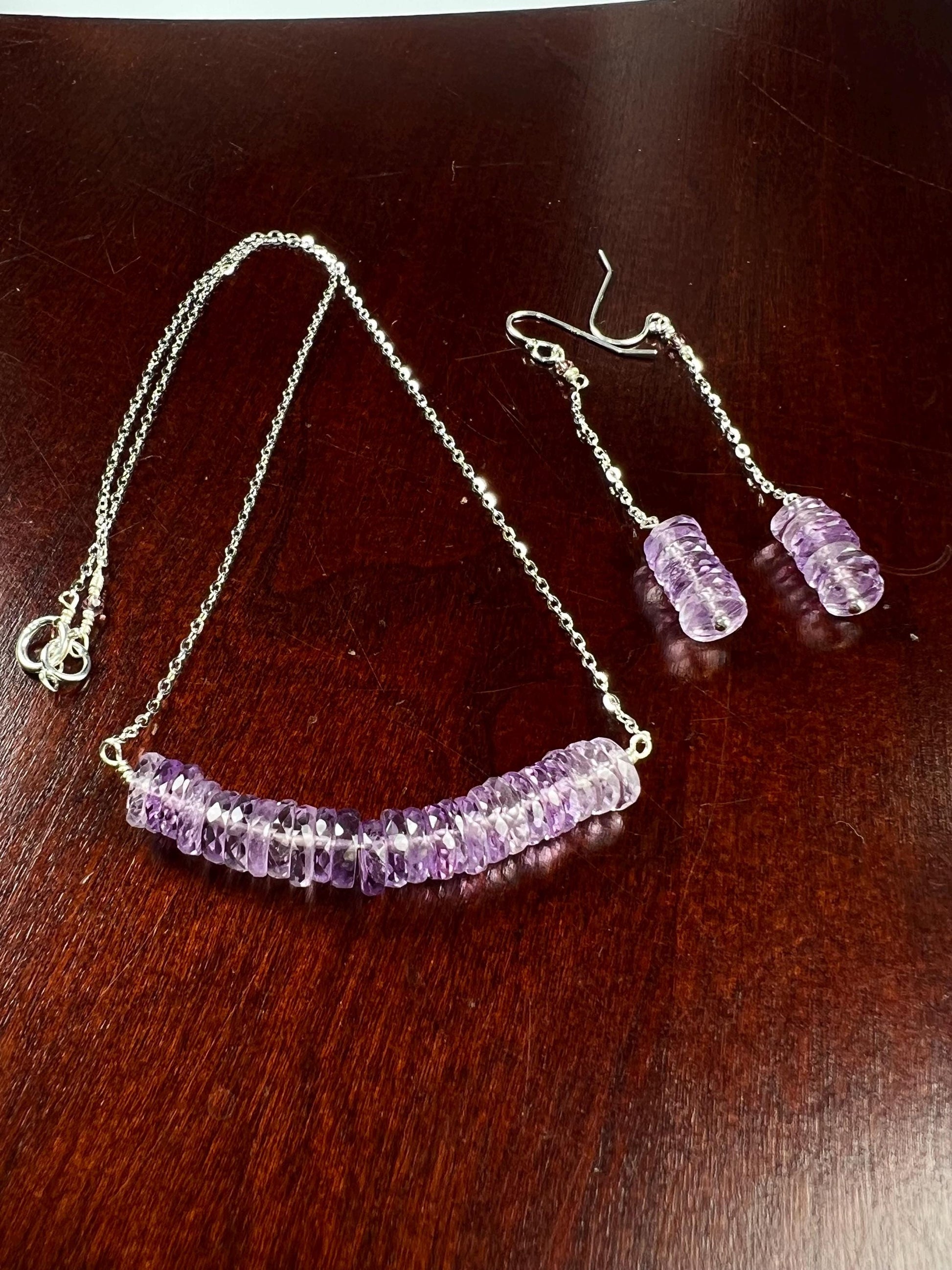 Natural Pink Amethyst AAA Faceted Heishi Beaded elegant Jewelry Set. 925 Sterling silver necklace and earrings set icy purple jewelry gift