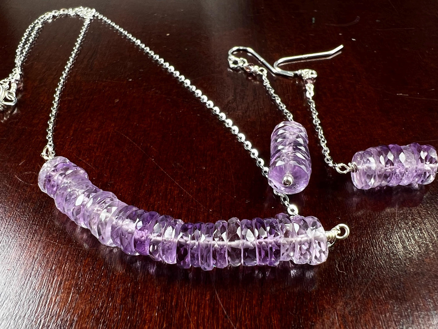Natural Pink Amethyst AAA Faceted Heishi Beaded elegant Jewelry Set. 925 Sterling silver necklace and earrings set icy purple jewelry gift