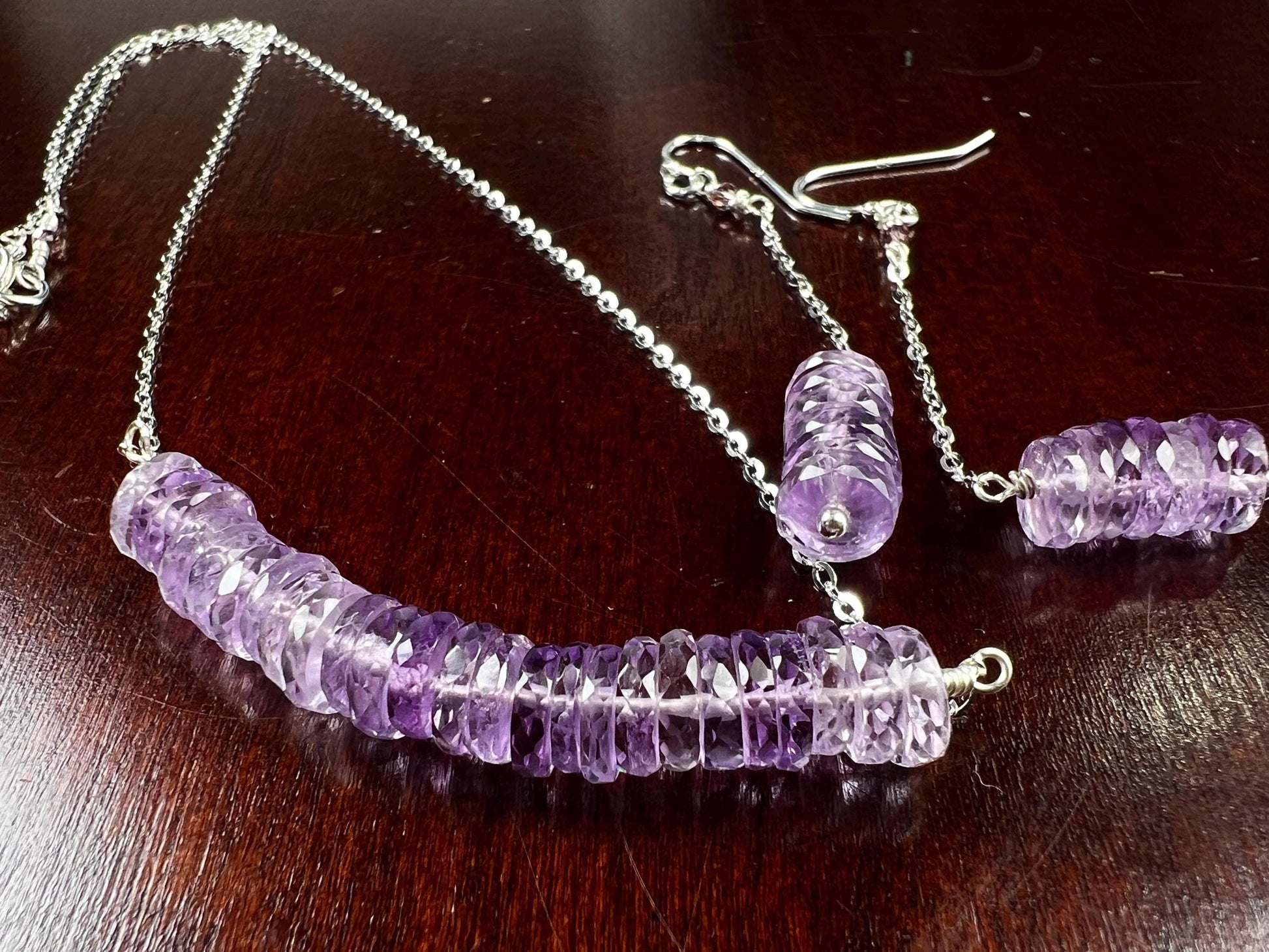 Natural Pink Amethyst AAA Faceted Heishi Beaded elegant Jewelry Set. 925 Sterling silver necklace and earrings set icy purple jewelry gift