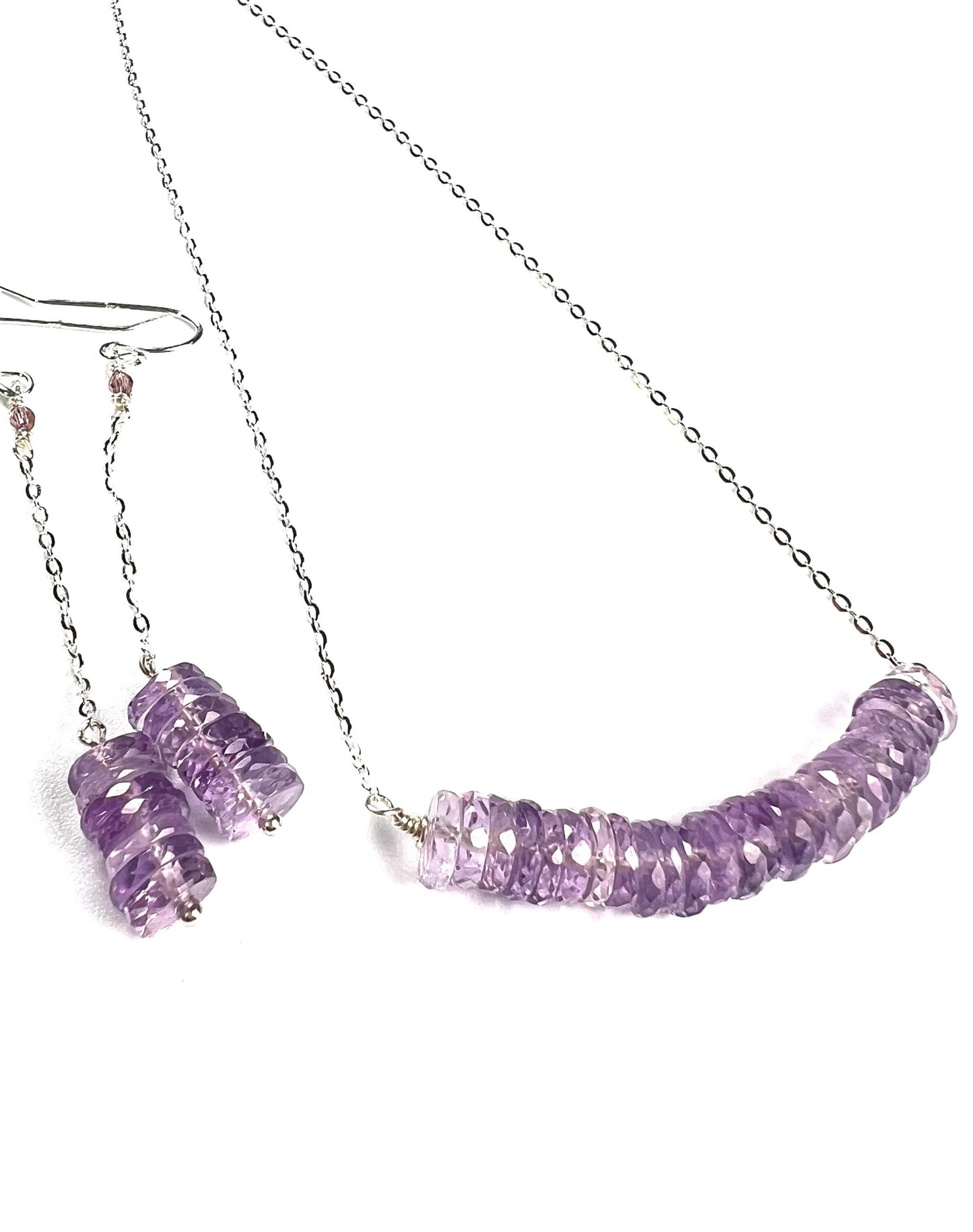 Natural Pink Amethyst AAA Faceted Heishi Beaded elegant Jewelry Set. 925 Sterling silver necklace and earrings set icy purple jewelry gift