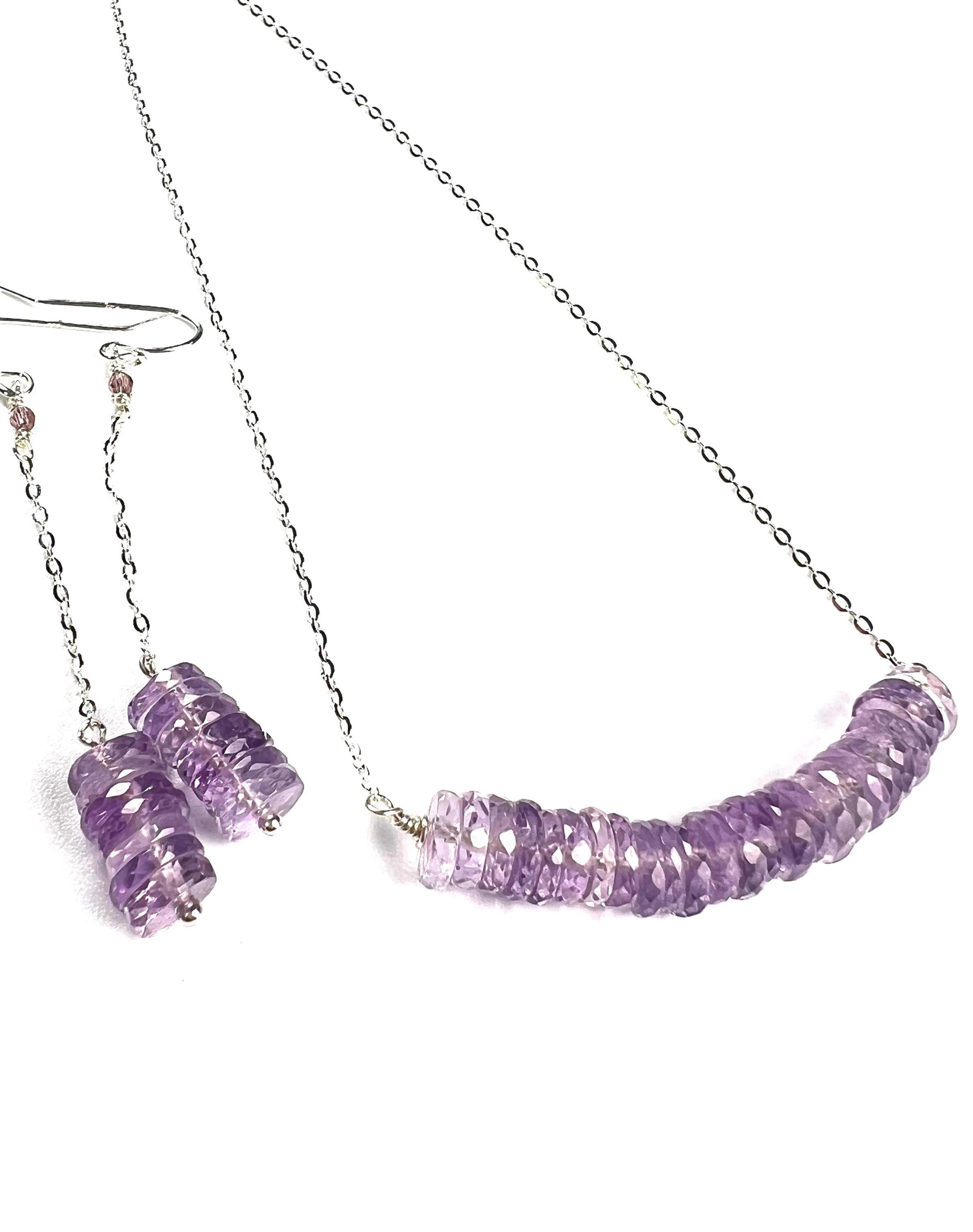 Natural Pink Amethyst AAA Faceted Heishi Beaded elegant Jewelry Set. 925 Sterling silver necklace and earrings set icy purple jewelry gift
