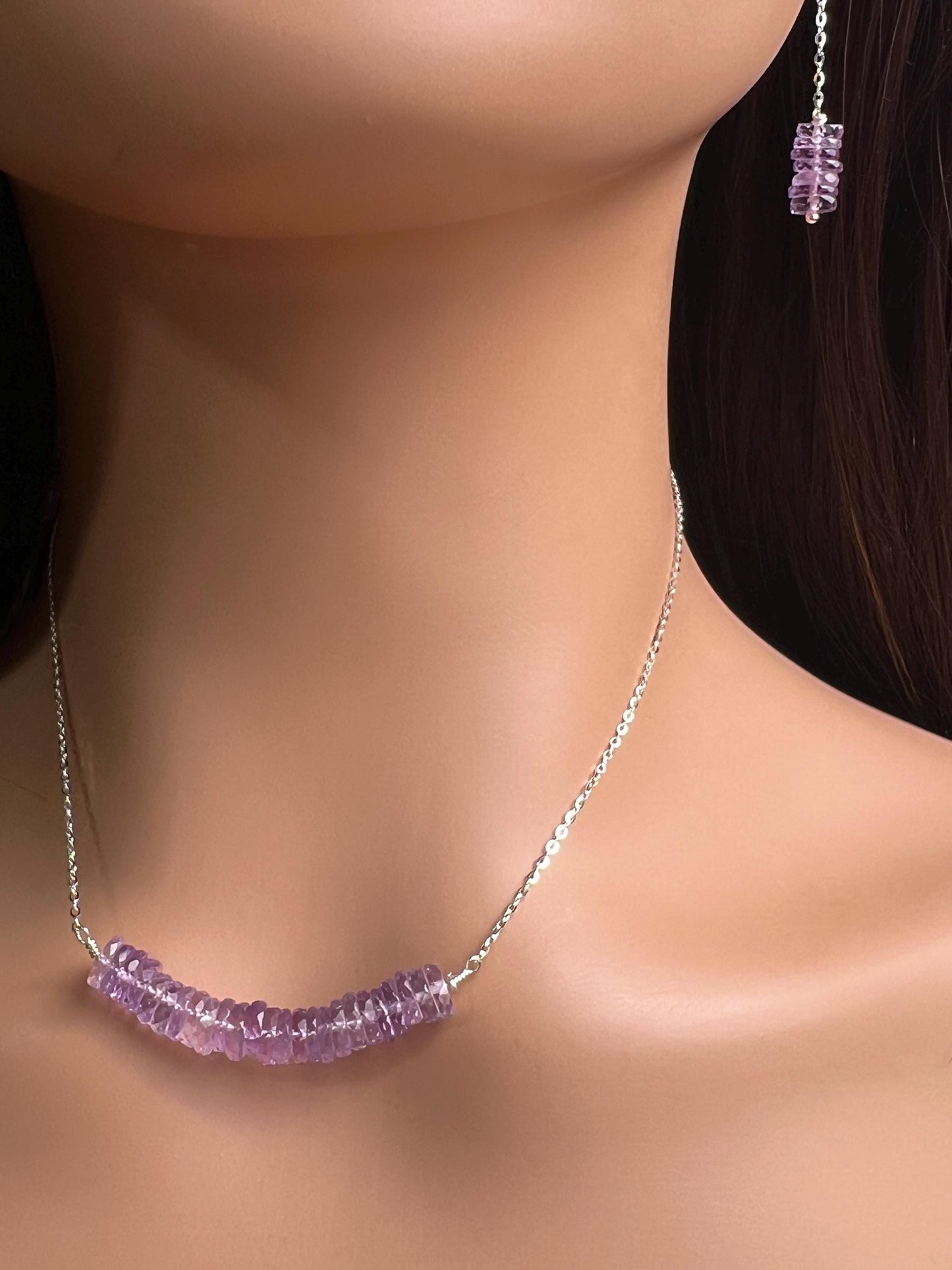 Natural Pink Amethyst AAA Faceted Heishi Beaded elegant Jewelry Set. 925 Sterling silver necklace and earrings set icy purple jewelry gift