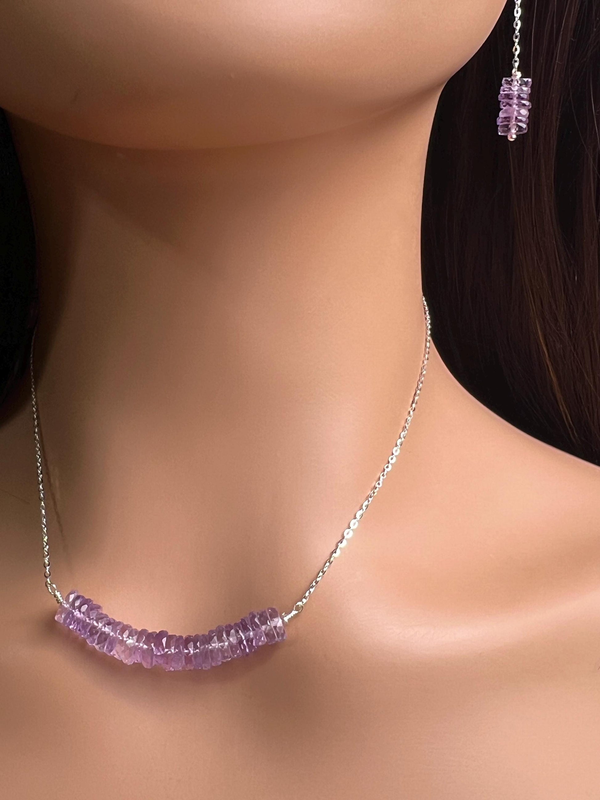 Natural Pink Amethyst AAA Faceted Heishi Beaded elegant Jewelry Set. 925 Sterling silver necklace and earrings set icy purple jewelry gift