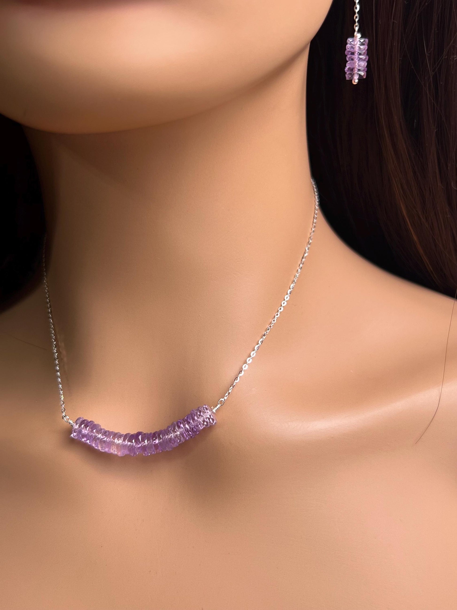 Natural Pink Amethyst AAA Faceted Heishi Beaded elegant Jewelry Set. 925 Sterling silver necklace and earrings set icy purple jewelry gift