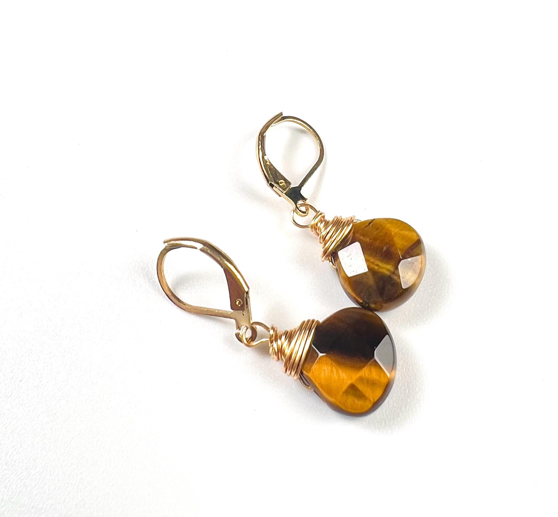 Natural Tiger Eye faceted Heart shape drop handmade earrings in 14k gold filled Leverback
