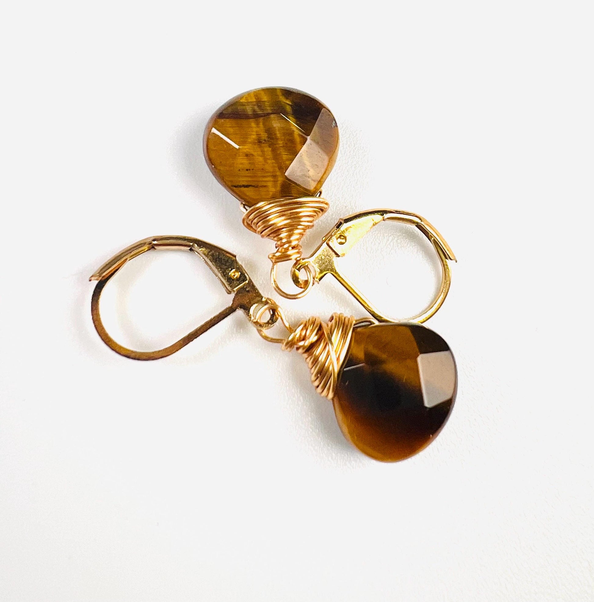 Natural Tiger Eye faceted Heart shape drop handmade earrings in 14k gold filled Leverback