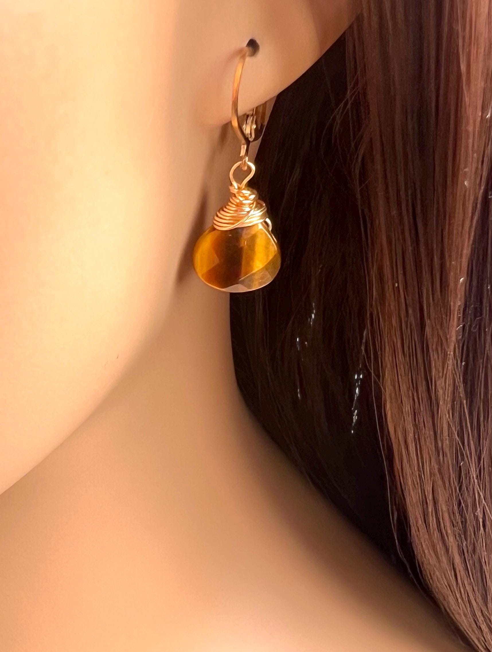 Natural Tiger Eye faceted Heart shape drop handmade earrings in 14k gold filled Leverback