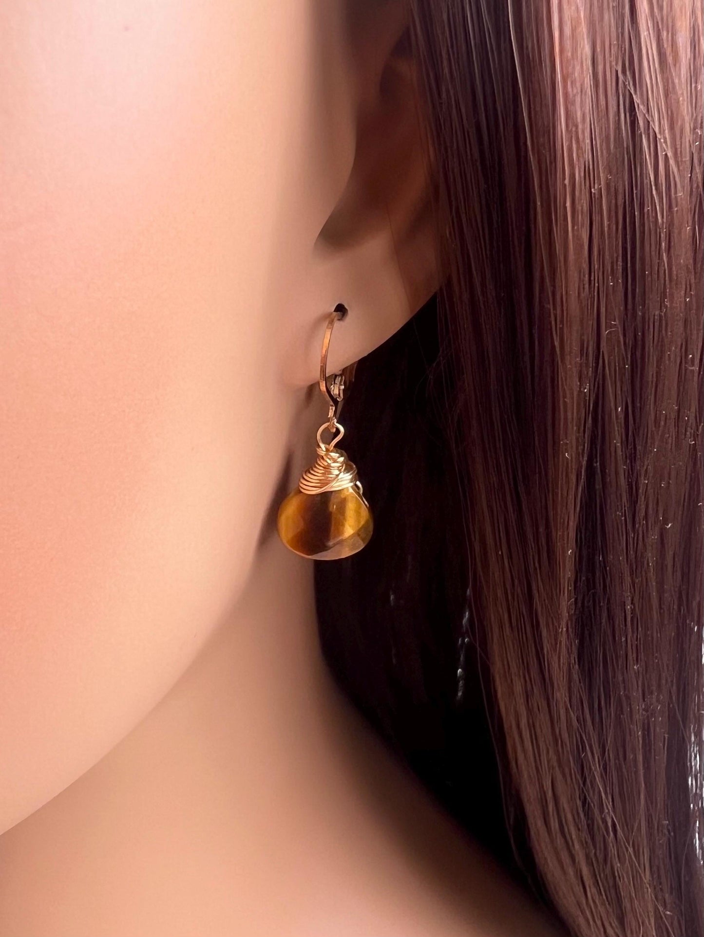 Natural Tiger Eye faceted Heart shape drop handmade earrings in 14k gold filled Leverback